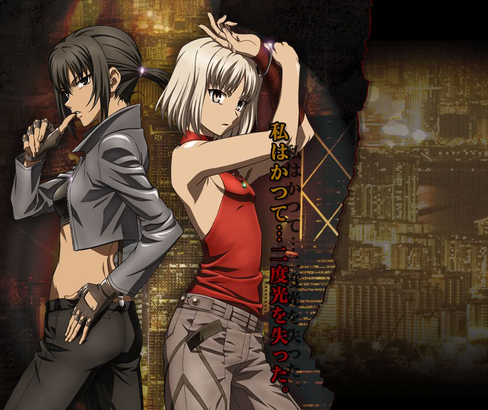 takeuchi takashi, alphard (canaan), canaan (character), 428, 428: fuusa sareta shibuya de, canaan (series), chunsoft, biting finger, silver hair, official art, 2girls, androgynous, armpits, back, back-to-back, backless outfit, bare shoulders, biting, black eyes, black hair, blonde hair, bracelet, breasts, brown eyes, crop top, detached sleeves, fingerless gloves, gloves, grey eyes, hand on own hip, hip focus, jacket, jewelry, midriff, multiple girls, necklace, no bra, pants, ponytail, short hair, sleeveless, sleeveless turtleneck, small breasts, turtleneck