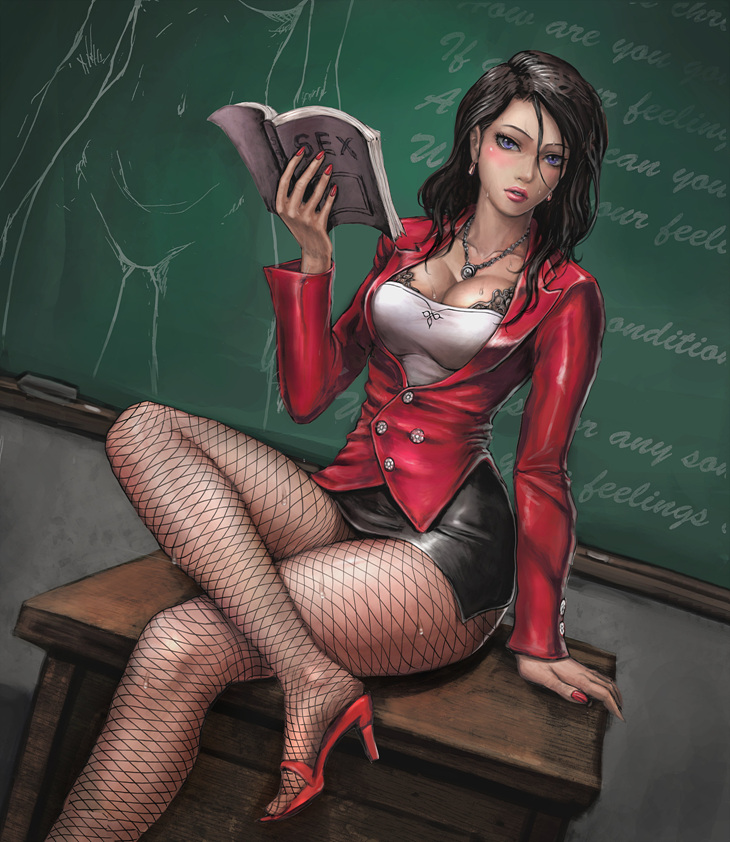neongun, original, arm support, black bra, black hair, blue eyes, book, bra, breasts, chalkboard, classroom, cleavage, crossed legs, desk, earrings, feet, fishnet pantyhose, fishnets, high heels, jacket, jewelry, lace, lace-trimmed bra, large breasts, legs, lips, long hair, long legs, miniskirt, nail polish, necklace, open shoes, pantyhose, reading, red nails, sandals, sex ed, shoes, side slit, sitting, skirt, sweat, teacher, thighs, toes, underwear