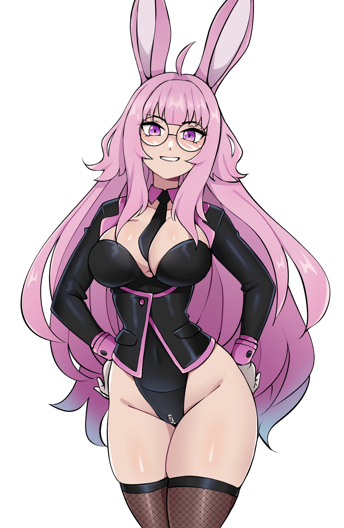 oninuer, original, commentary, commission, english commentary, highres, 1girl, ahoge, animal ears, between breasts, black jacket, black leotard, black necktie, black thighhighs, breasts, choppy bangs, cowboy shot, fishnet thighhighs, fishnets, glasses, groin, hands on own hips, highleg, highleg leotard, jacket, large breasts, leotard, long hair, long sleeves, looking at viewer, necktie, necktie between breasts, pink hair, purple eyes, rabbit ears, rabbit girl, round eyewear, sidelocks, simple background, skindentation, smile, solo, strapless, strapless leotard, thighhighs, thighs, white background, zipper, zipper leotard, zipper pull tab