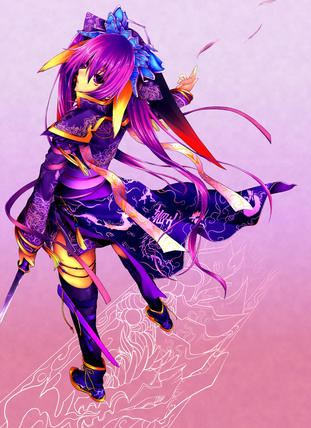 akahoshi kenji, touhaku, sangokushi taisen, bad id, bad pixiv id, highres, 1girl, feathers, female focus, full body, gradient background, purple eyes, purple hair, solo, sword, thighhighs, twintails, weapon