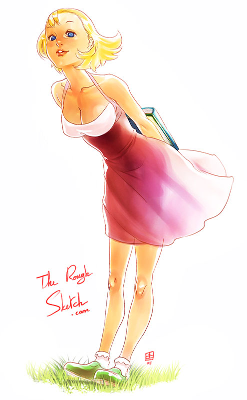 qiqo, copyright request, 1girl, arms behind back, blonde hair, blue eyes, bobby socks, book, breasts, cleavage, dress, facing viewer, female focus, full body, grass, green shoes, leaning forward, looking at viewer, medium breasts, no bra, parted lips, shoes, short dress, short hair, simple background, sleeveless, sleeveless dress, socks, solo, standing, white background, white socks