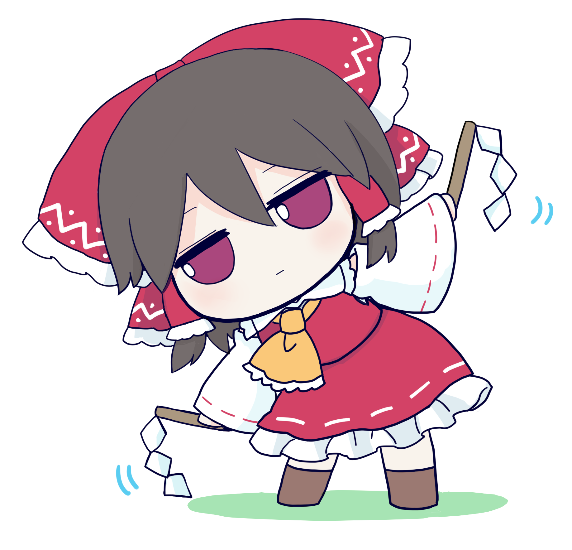 azuma meri, hakurei reimu, touhou, commentary request, highres, revision, 1girl, arm up, ascot, bare shoulders, boots, bow, brown boots, brown hair, chibi, closed mouth, collared dress, detached sleeves, dress, frilled bow, frilled hair tubes, frills, full body, fumo (doll), gohei, grass, hair between eyes, hair ornament, hair tubes, hand up, jitome, long sleeves, looking down, purple eyes, red bow, red dress, ribbon-trimmed sleeves, ribbon trim, short hair, simple background, solo, standing, white background, wide sleeves, yellow ascot