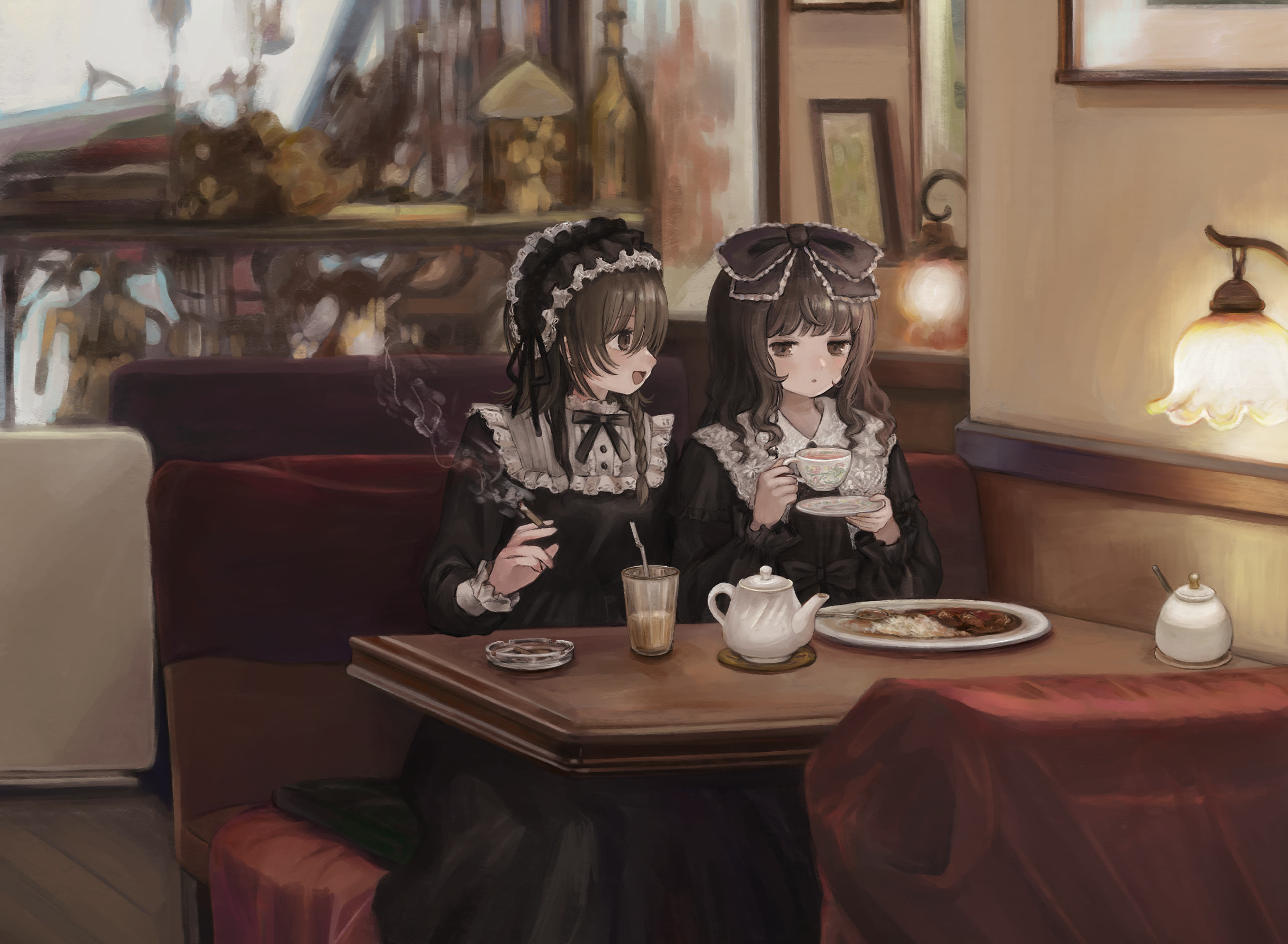 sasami (shiroi fuwafuwa), original, commentary request, highres, 2girls, ashtray, between fingers, black bow, black dress, black hairband, black ribbon, booth seating, bow, braid, brown eyes, brown hair, cigarette, collar, couch, crossed bangs, cup, curry, curry rice, dress, drinking glass, feet out of frame, food, frilled bow, frilled collar, frilled dress, frilled hairband, frills, glass, gothic lolita, hair bow, hairband, hand up, hands up, holding, holding cigarette, holding cup, holding saucer, indoors, lamp, light blush, lolita fashion, long dress, long hair, looking at another, looking to the side, multiple girls, neck ribbon, on couch, open mouth, painting (object), parted lips, picture frame, plate, profile, puritan collar, restaurant, ribbon, rice, saucer, single braid, sitting, smoke, smoke trail, spoon, swept bangs, table, tea, teacup, teapot, white collar