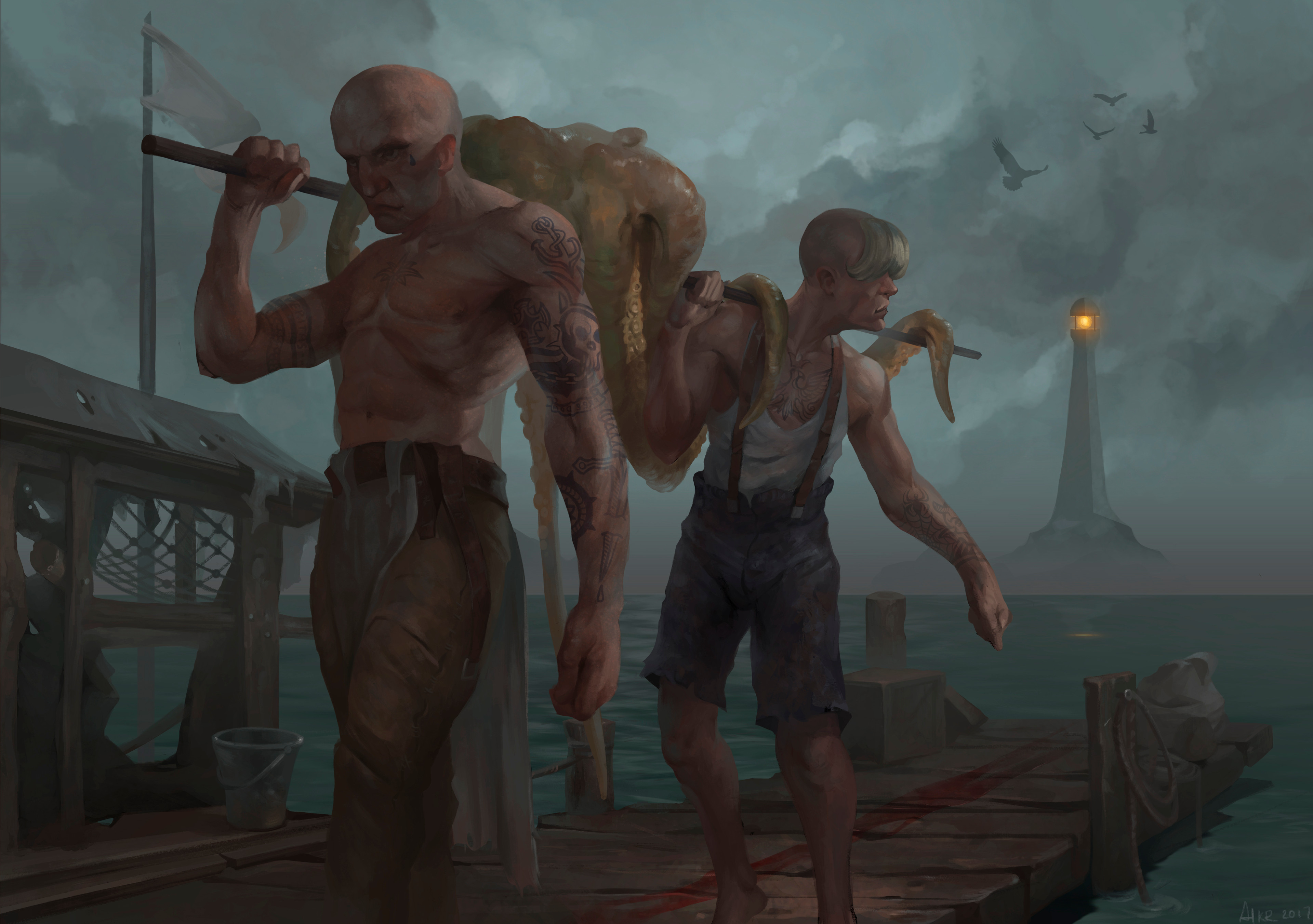 alexeykruglov, original, absurdres, highres, 2boys, bald, blue shorts, brown overalls, brown pants, flag, horizon, lighthouse, multiple boys, ocean, overalls, pants, pier, shore, shorts, tower, water, white flag, wooden floor