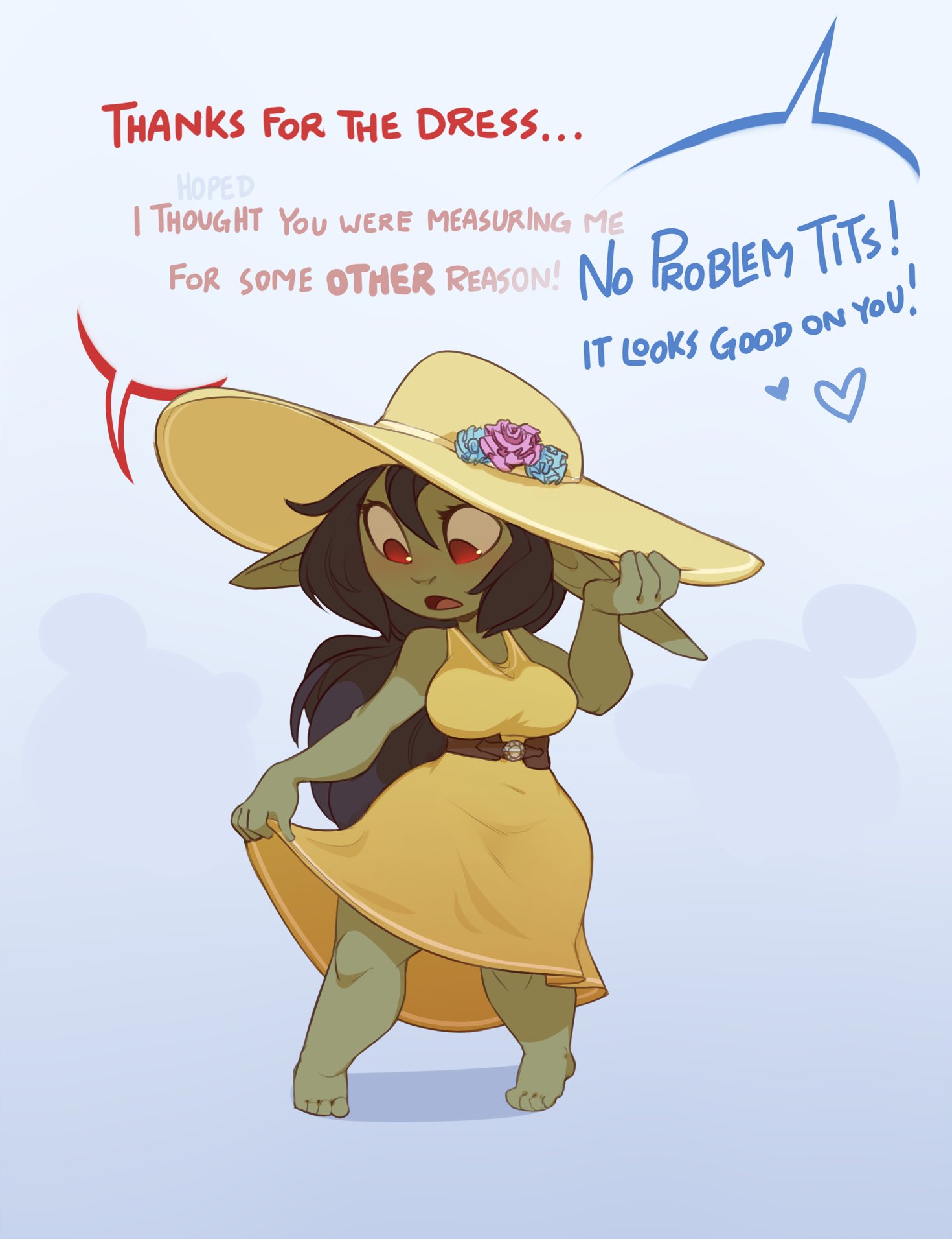 huffslove, trixie (huffslove), original, highres, 2girls, black hair, breasts, colored skin, dress, english text, female goblin, goblin, green skin, hat, large ears, long hair, medium breasts, multiple girls, pointy ears, red eyes, solo focus, sundress, tawnya (huffslove), yellow dress, yellow hat