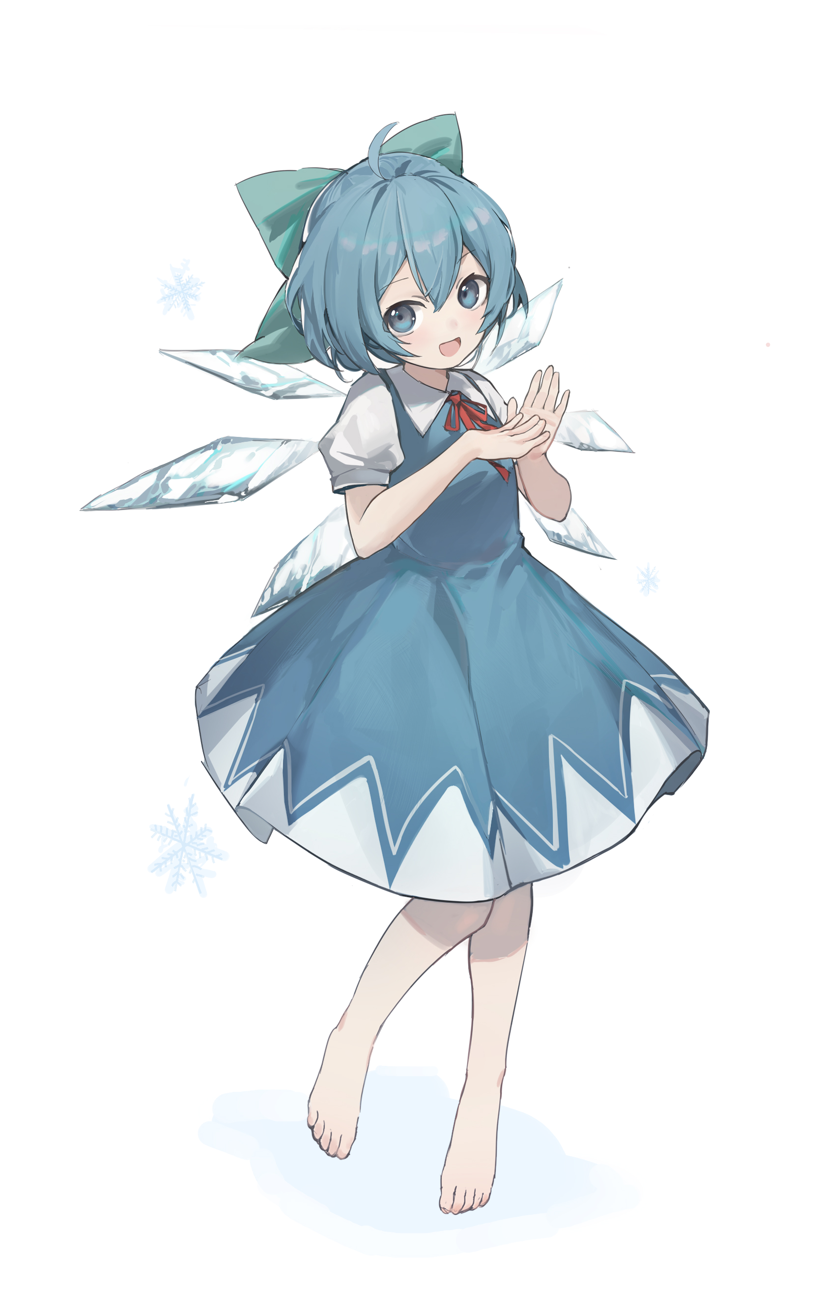 siyumu, cirno, touhou, absurdres, commentary, highres, 1girl, :d, ahoge, barefoot, blue dress, blue eyes, blue hair, bow, collared shirt, double-parted bangs, dress, full body, green bow, hair bow, hands up, ice, ice wings, looking at viewer, neck ribbon, open mouth, pinafore dress, red ribbon, ribbon, shirt, short hair, short sleeves, simple background, sleeveless, sleeveless dress, smile, snowflakes, solo, white background, white shirt, wings