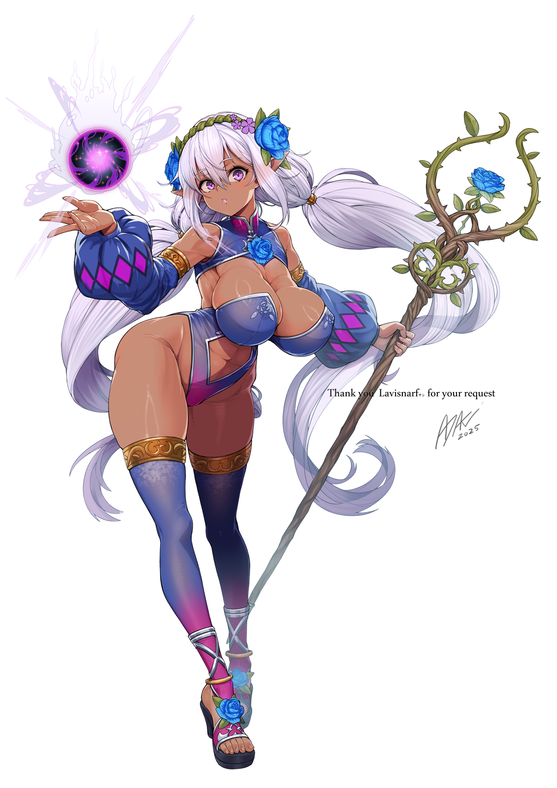ayaki, original, commission, highres, skeb commission, 1girl, blue leotard, blue thighhighs, breasts, cleavage, dark-skinned female, dark elf, dark skin, detached sleeves, elf, flower, full body, gradient clothes, gradient leotard, gradient thighhighs, groin, hair between eyes, hair flower, hair ornament, holding, holding staff, large breasts, leaning forward, leotard, long hair, looking at viewer, magic, open-toe shoes, open mouth, pointy ears, purple eyes, signature, simple background, solo, staff, thighhighs, twintails, very long hair, white background, white hair