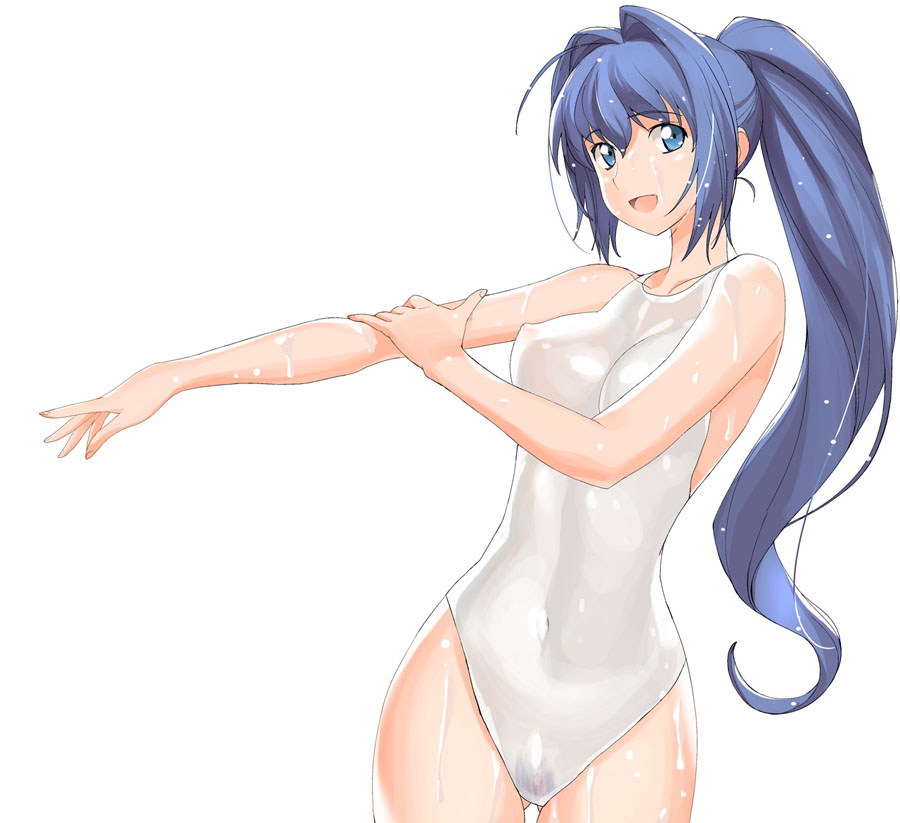 hayase mitsuki, kimi ga nozomu eien, a1, 00s, blue eyes, blue hair, cowboy shot, female pubic hair, long hair, one-piece swimsuit, ponytail, pubic hair, see-through clothes, solo, stretching, swimsuit, uncensored, wet