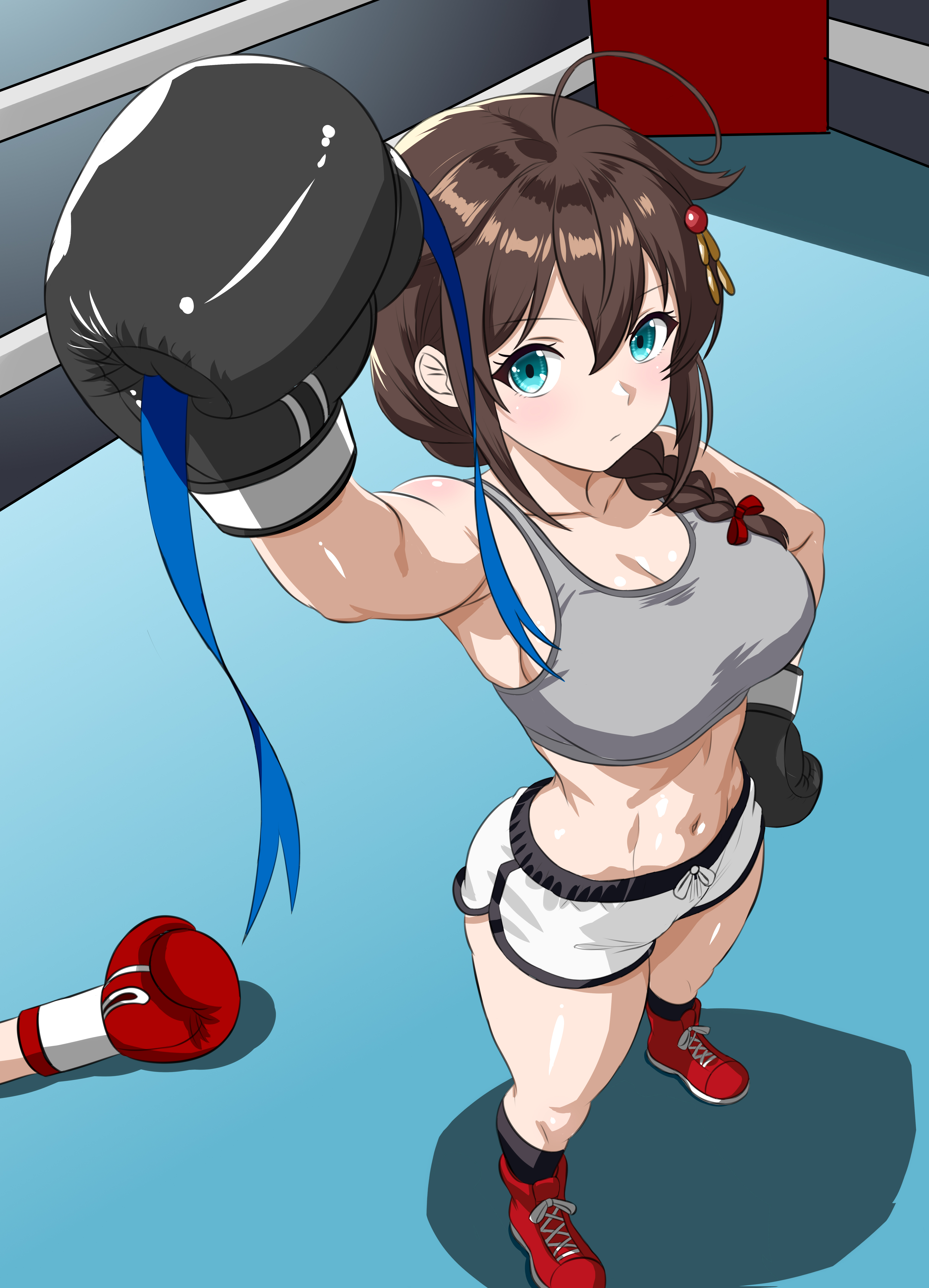 kasana, shigure (kancolle), kantai collection, absurdres, highres, 1girl, ahoge, arm up, armpits, black socks, blue eyes, boxing gloves, boxing ring, braid, breasts, brown hair, cleavage, closed mouth, from above, full body, grey sports bra, hair between eyes, hand on own hip, implied after fight, large breasts, light blush, looking at viewer, medium hair, navel, red shoes, shadow, shoes, shorts, socks, solo focus, sports bra, stomach, toned, toned female, white shorts