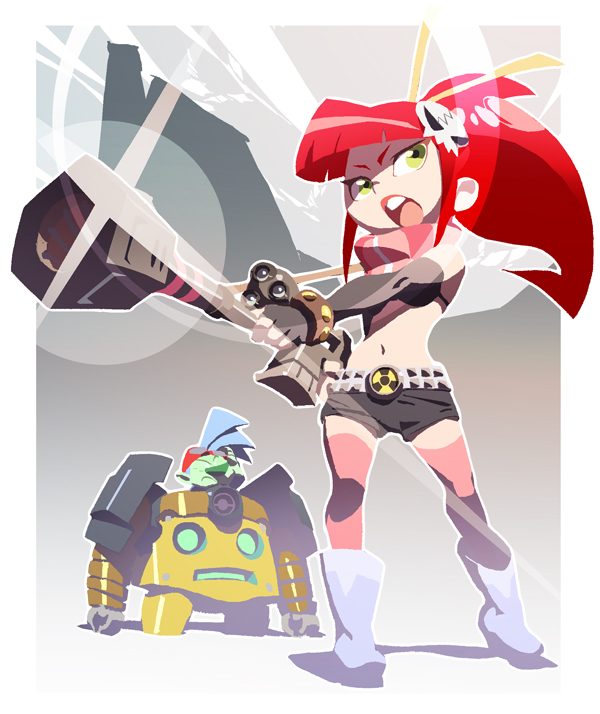 otonari koubou, otonari koubou (pixiv), yoshinari you, betty (atomic betty), lagann, simon (ttgl), sparky, x5, yoko littner, atomic betty, cartoon network, tengen toppa gurren lagann, 1girl, anti-materiel rifle, cosplay, crossover, gun, lagann (cosplay), lens flare, parody, rifle, short shorts, shorts, simon (cosplay), sniper rifle, style parody, thighhighs, weapon, yoko littner (cosplay)