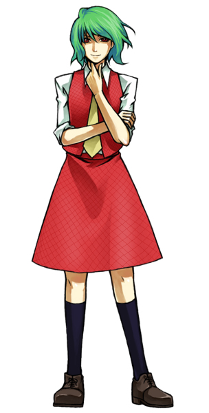 monmon, kazami yuuka, touhou, bad id, bad pixiv id, 1girl, black socks, female focus, green hair, hand on own chin, kneehighs, light smile, loafers, necktie, plaid clothes, plaid skirt, plaid vest, red eyes, shaded face, shoes, short hair, skirt, skirt set, socks, solo, vest