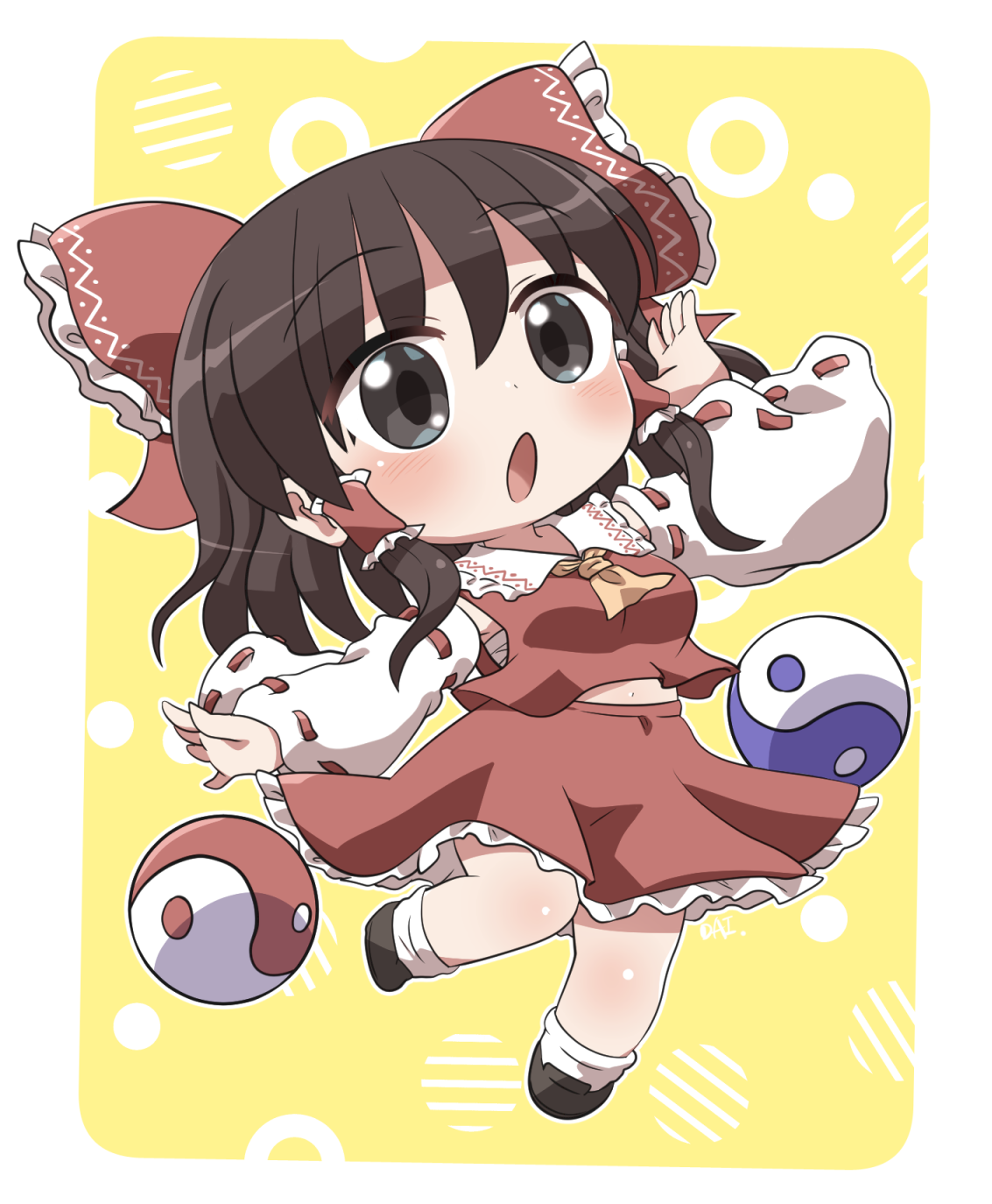 rokugou daisuke, hakurei reimu, touhou, commentary request, highres, :o, black hair, blush, brown eyes, chibi, dress, frilled dress, frills, hair ribbon, orb, red dress, ribbon, yin yang, yin yang orb
