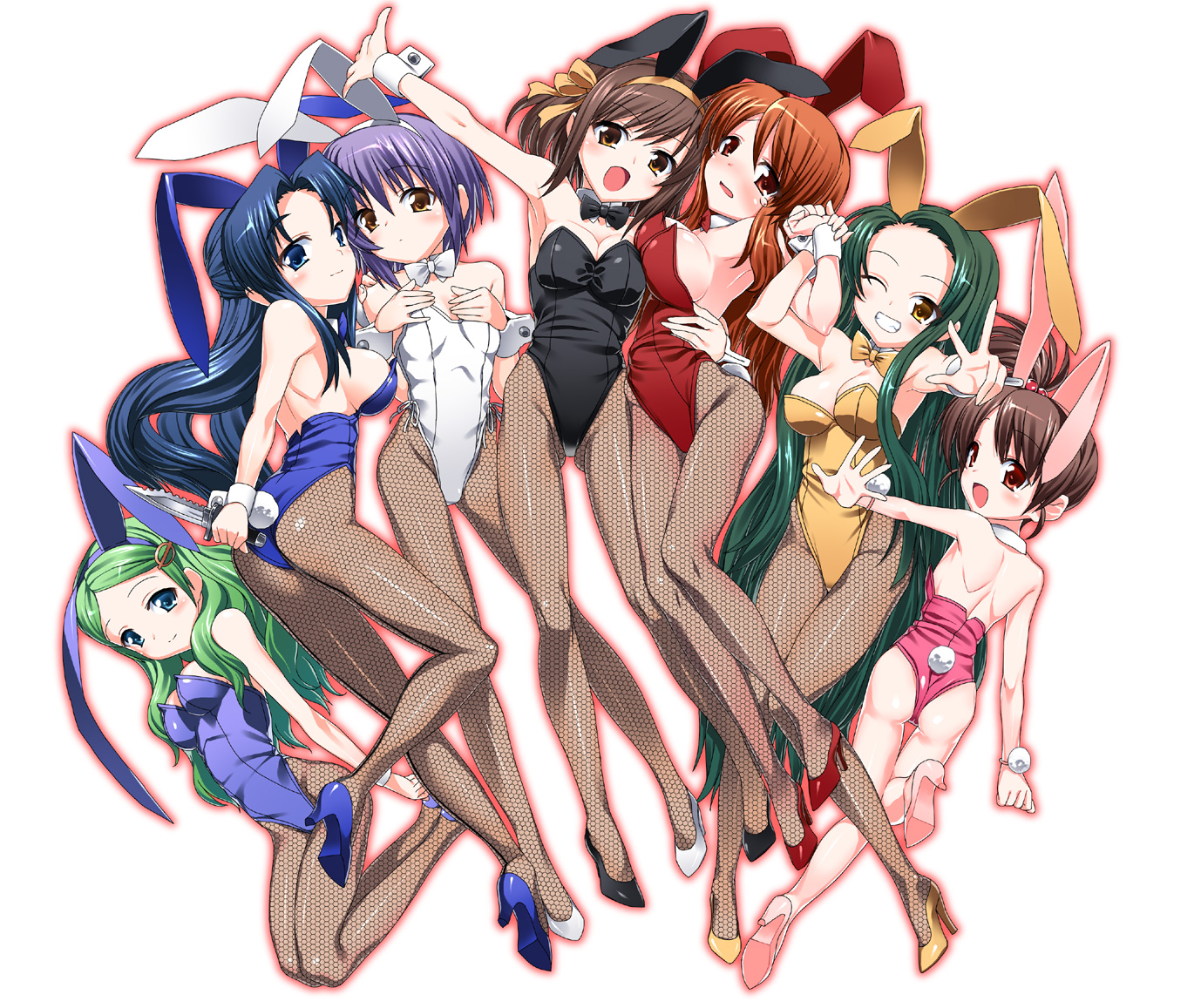 suzume inui, asahina mikuru, asakura ryoko, kimidori emiri, kyon no imouto, nagato yuki, suzumiya haruhi, tsuruya, suzumiya haruhi no yuuutsu, bad id, bad pixiv id, 00s, 6+girls, alternate costume, animal ears, ass, backless leotard, bare legs, black leotard, blue leotard, bow, bowtie, detached collar, fake animal ears, fishnet pantyhose, fishnets, high heels, legs, leotard, long hair, multiple girls, pantyhose, parted bangs, pink shoes, playboy bunny, rabbit ears, rabbit tail, red leotard, shoes, simple background, tail, take your pick, v, very long hair, white background, white leotard, wrist cuffs, yellow shoes