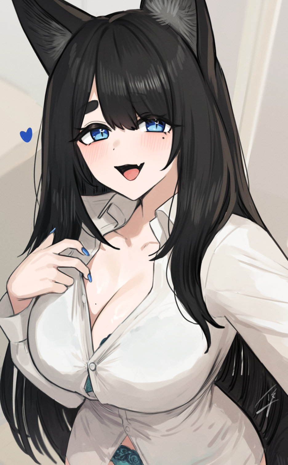 hayabusa (vert 320), black-haired fox girl (hayabusa), original, commentary request, highres, 1girl, :d, animal ears, black hair, blue eyes, blush, bra, bra peek, breasts, cleavage, collared shirt, fox ears, fox girl, green bra, green panties, heart, large breasts, long hair, long sleeves, looking at viewer, mole, mole under eye, open mouth, panties, shirt, smile, thick eyebrows, underwear, white shirt