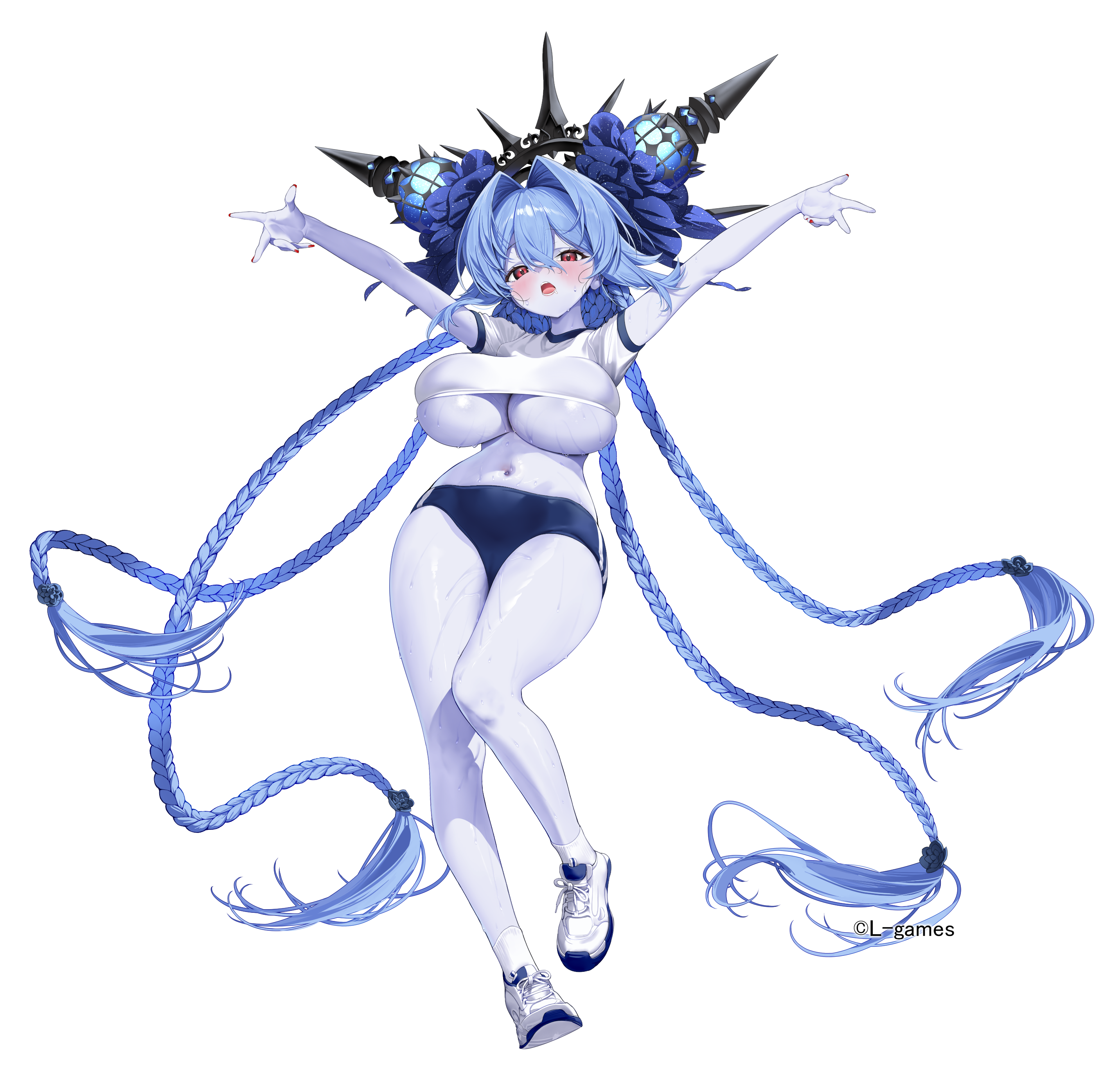 arrow (tamawo222), aku no onna kanbu: perigee new moon, absurdres, character request, highres, official art, 1girl, blue eyes, blush, braid, breasts, colored skin, gym uniform, hair between eyes, hair intakes, knees together feet apart, large breasts, long hair, looking at viewer, midriff, navel, open mouth, outstretched arms, purple skin, red eyes, shirt, shirt overhang, shoes, simple background, sneakers, solo, spread arms, sweat, underboob, very long hair, white background, white shirt, white shoes