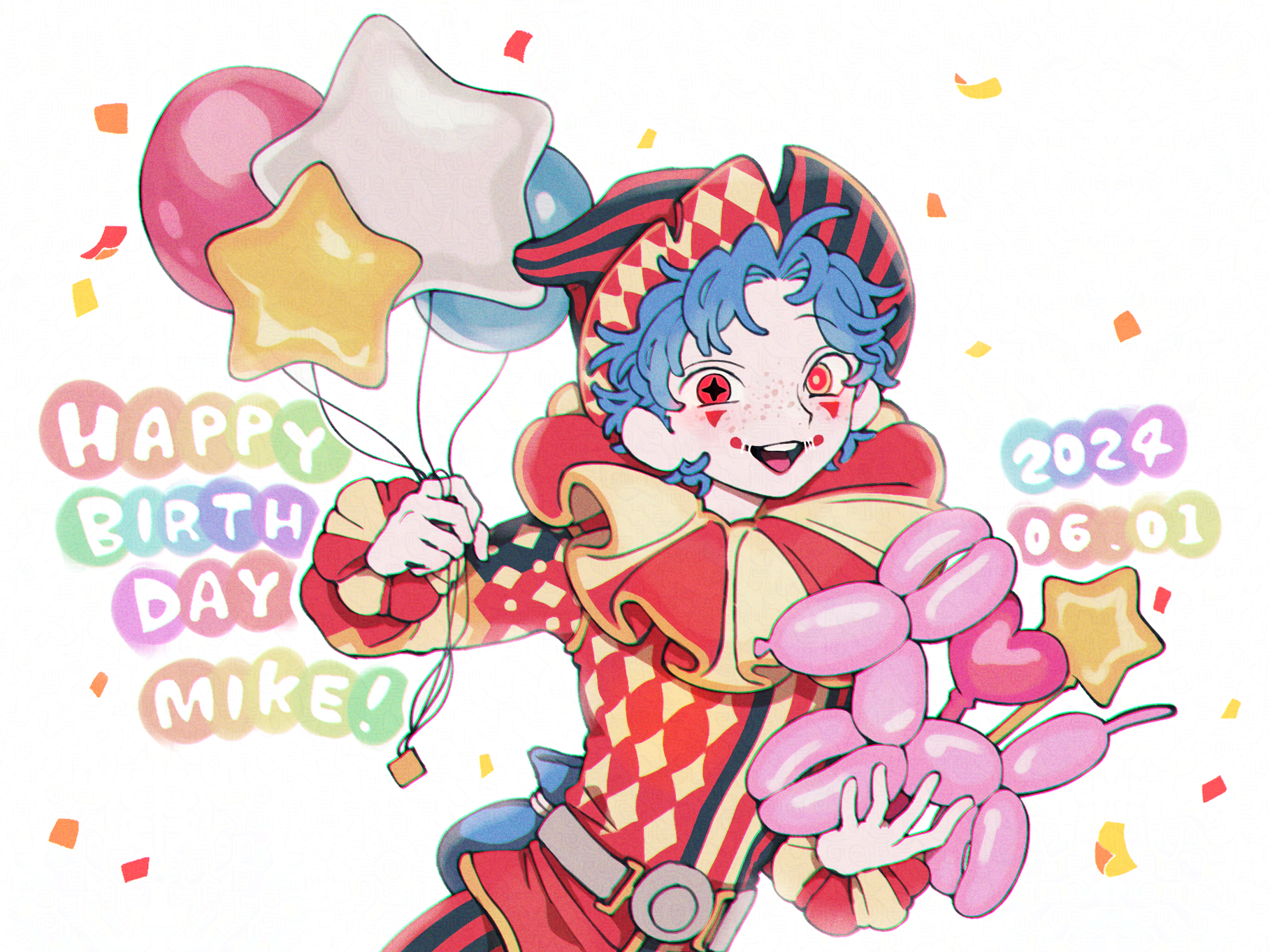 tsuntenponten, mike morton, identity v, highres, :d, balloon, balloon animal, belt, blue hair, character name, dated, freckles, frilled sleeves, frills, grey belt, happy birthday, harlequin, hat, heterochromia, holding, holding balloon, looking at viewer, male focus, mismatched pupils, neck ruff, open mouth, red eyes, red hat, smile