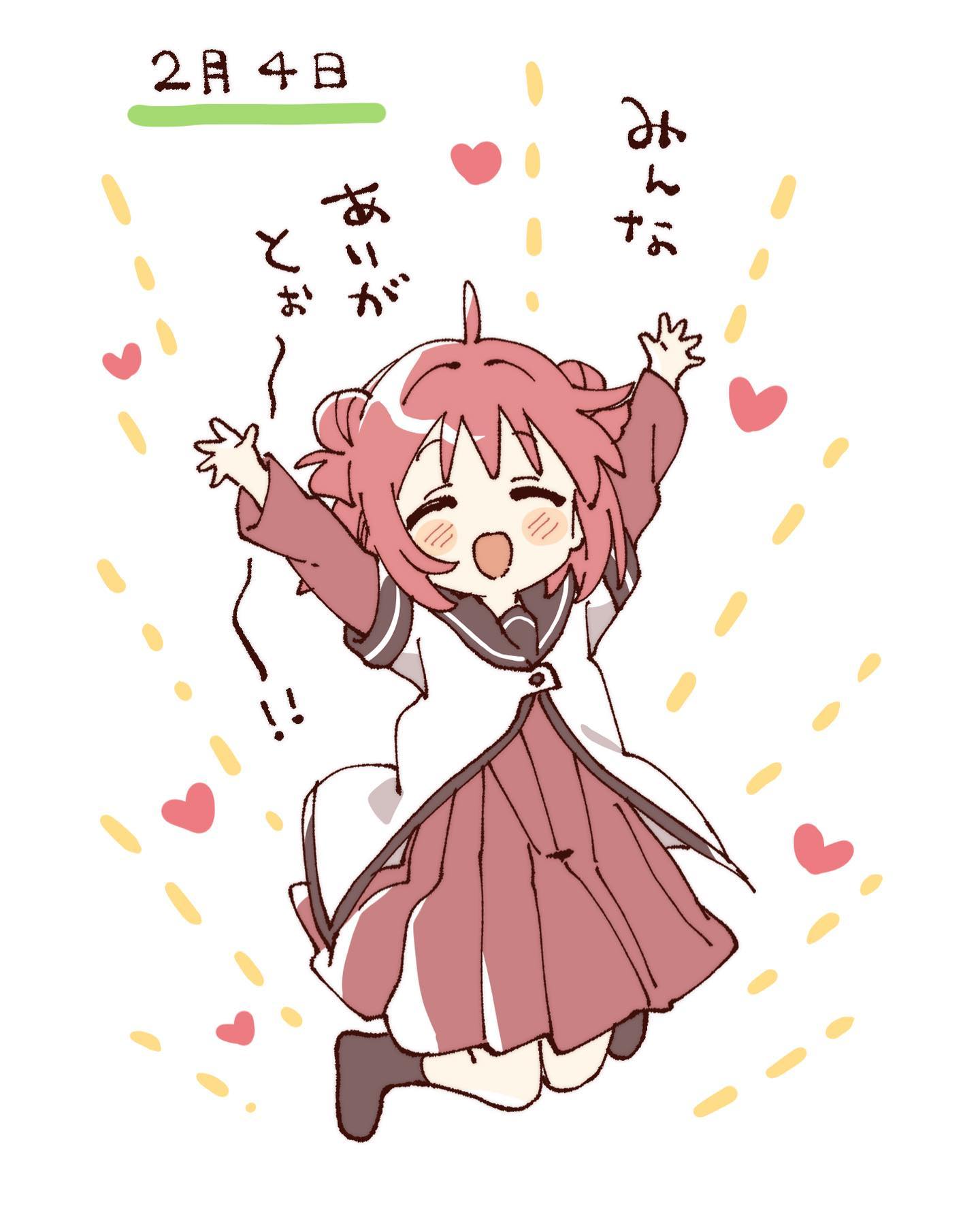 namori, akaza akari, yuruyuri, hashtag-only commentary, highres, translation request, 1girl, :d, ^ ^, ahoge, blush stickers, brown sailor collar, brown socks, closed eyes, double bun, dress, full body, hair bun, heart, layered sleeves, long sleeves, nanamori school uniform, no shoes, open mouth, pleated dress, red dress, red hair, sailor collar, school uniform, shirt, short hair, short over long sleeves, short sleeves, simple background, smile, socks, solo, white background, white shirt, winter uniform