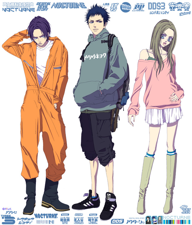 enii, demi-fiend, nitta isamu, tachibana chiaki (megami tensei), atlus, shin megami tensei, shin megami tensei iii: nocturne, 1girl, 2boys, backpack, bag, blue eyes, blue hair, boots, brown hair, fashion, full body, hood, hoodie, jumpsuit, lipstick, makeup, multiple boys, orange jumpsuit, randoseru, shoes, skirt, sneakers, sweater, white background