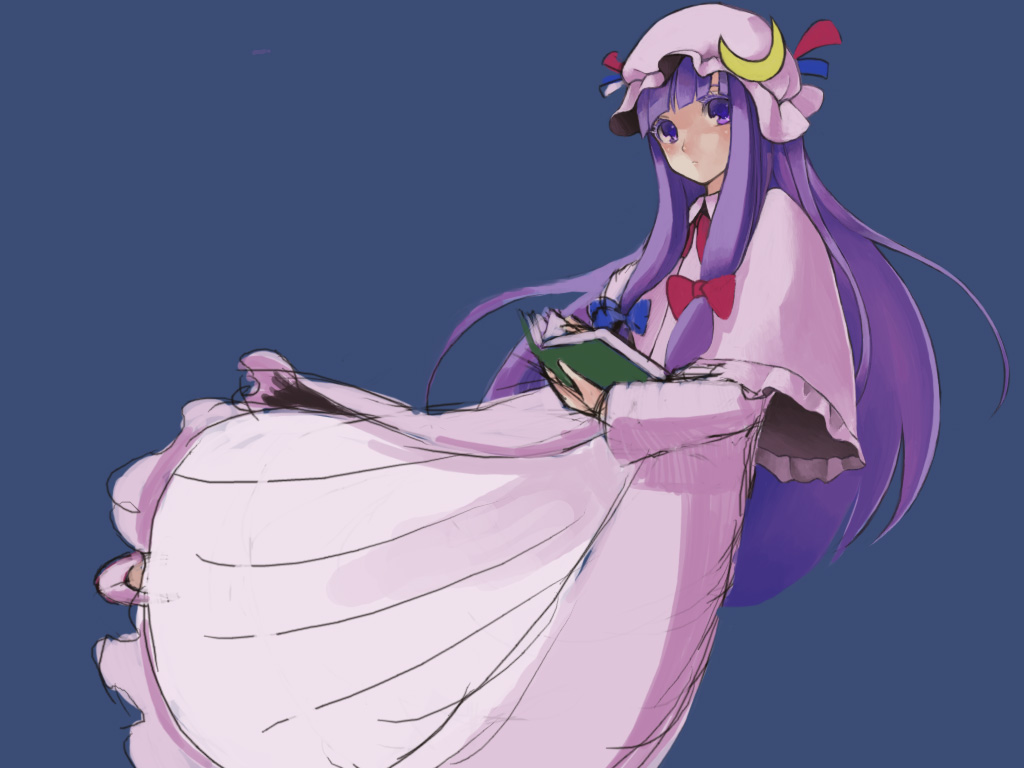 monmon, patchouli knowledge, touhou, 1girl, book, crescent, crescent hat ornament, female focus, hat, hat ornament, long hair, purple eyes, purple hair, ribbon, simple background, solo