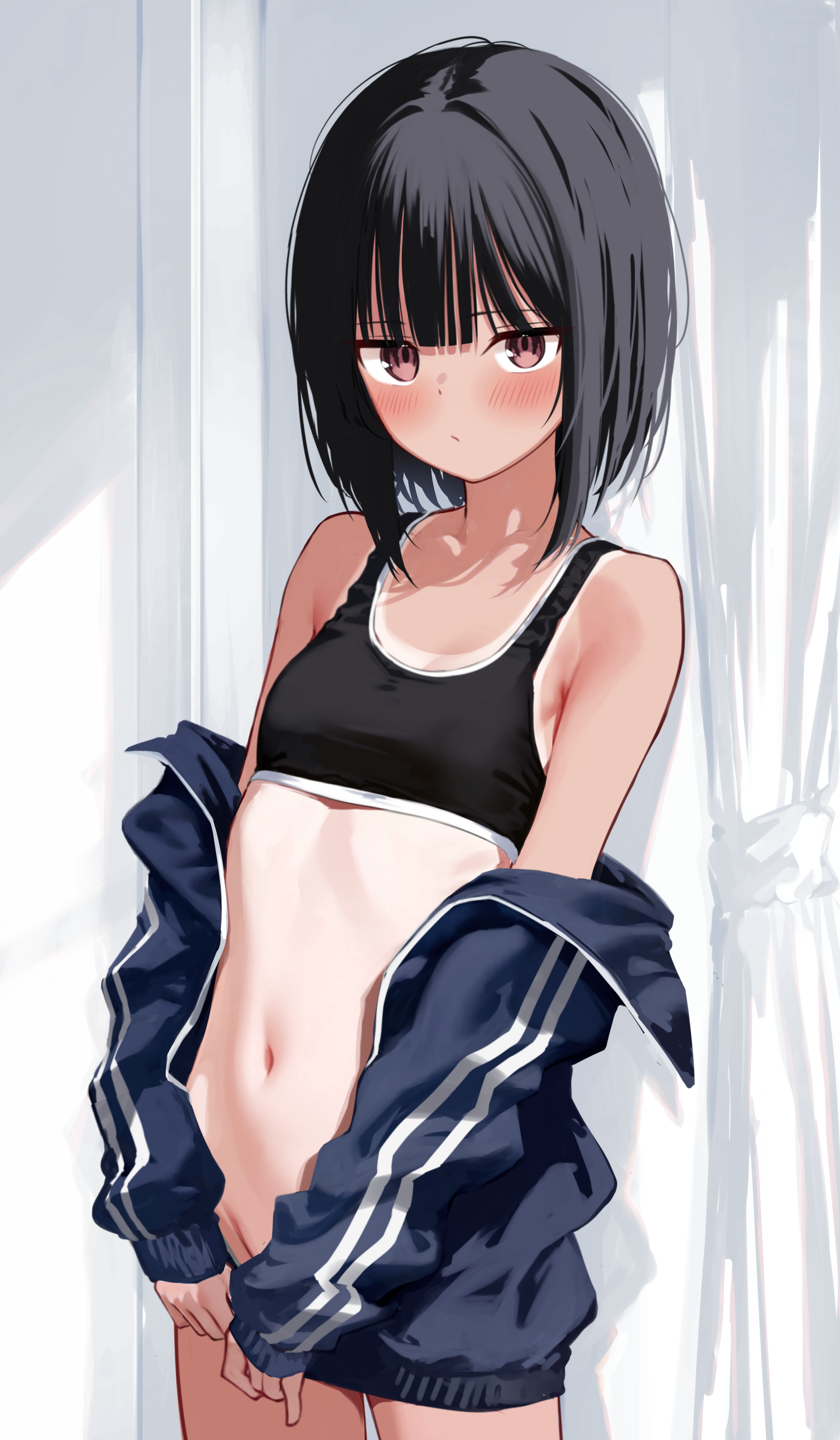 memekko, bob cut girl (memekko), original, absurdres, commentary request, highres, paid reward available, 1girl, bare shoulders, black hair, black sports bra, blue jacket, blush, bob cut, bottomless, breasts, closed mouth, cowboy shot, jacket, long sleeves, looking at viewer, navel, one-piece tan, puffy long sleeves, puffy sleeves, red eyes, short hair, sleeves past wrists, small breasts, solo, sports bra, tan, tanline, track jacket