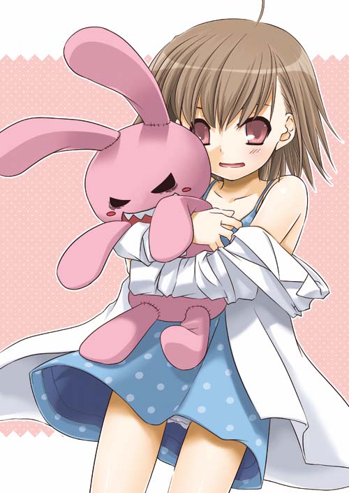 nakajima yuka, last order (toaru majutsu no index), toaru majutsu no index, 00s, 1girl, brown hair, dress, female focus, lab coat, panties, pantyshot, short hair, solo, stuffed animal, stuffed rabbit, stuffed toy, underwear