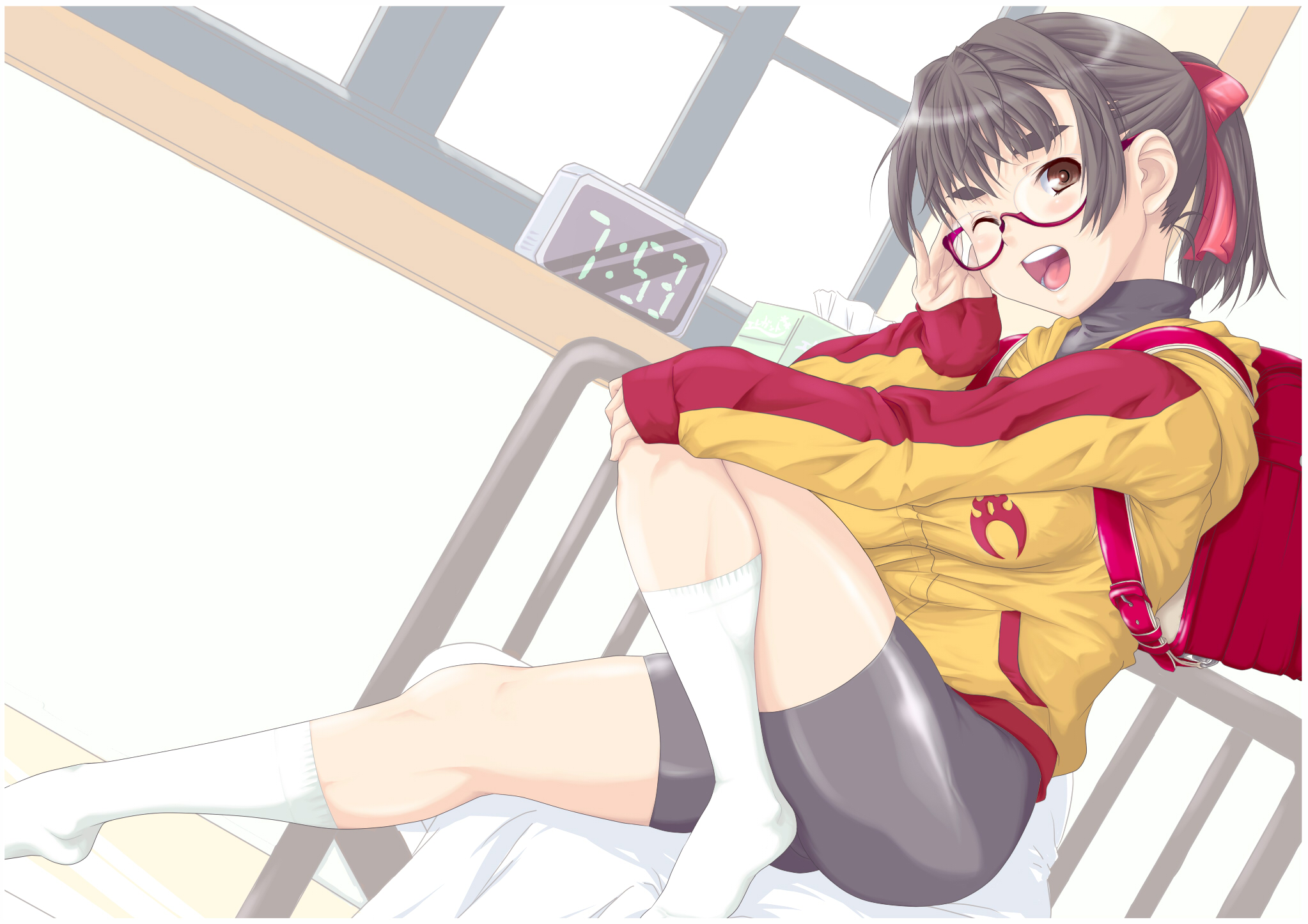 sanemichi hajime, original, highres, 1girl, backpack, bag, bike shorts, brown eyes, brown hair, female focus, glasses, latex, legs, muscular, one eye closed, open mouth, ponytail, randoseru, short hair, socks, solo, wink