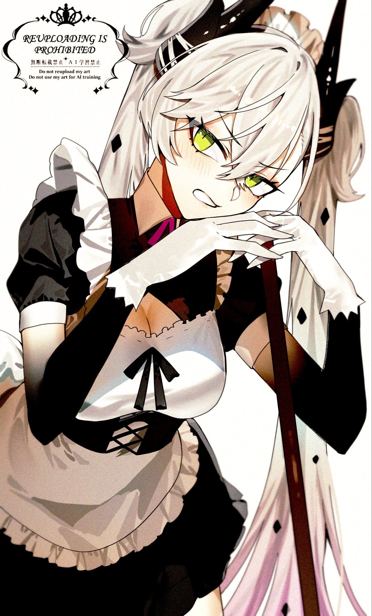 kabosoi mangaka, lilith (fate), fate/grand order, fate (series), highres, 1girl, apron, black dress, black hands, blush, breasts, cleavage, cleavage cutout, clenched teeth, clothing cutout, colored extremities, crossed bangs, demon girl, demon horns, dress, gloves, green eyes, grey hair, hair between eyes, horns, large breasts, long hair, looking at viewer, maid headdress, mop, puffy short sleeves, puffy sleeves, short sleeves, solo, teeth, twintails, very long hair, waist apron, white apron, white gloves