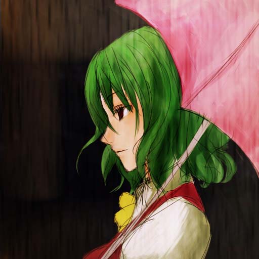monmon, kazami yuuka, touhou, 1girl, ascot, female focus, green hair, parasol, portrait, profile, rain, red eyes, short hair, solo, umbrella, vest