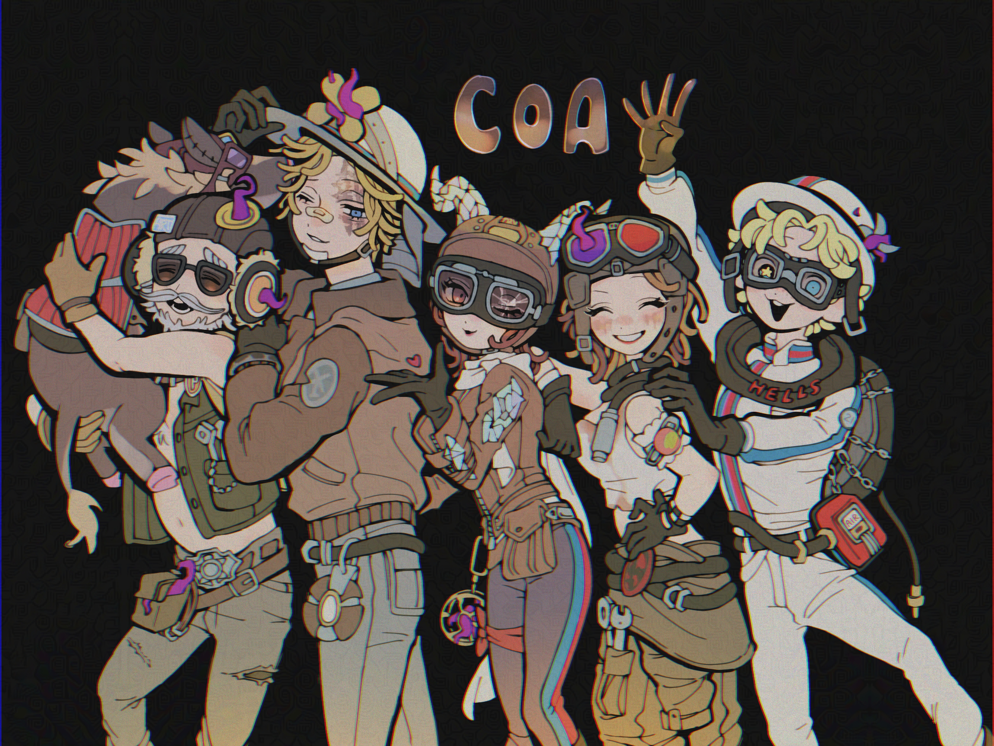 tsuntenponten, demi bourbon, fiona gilman, fiona gilman (reflective mirror), mike morton, mike morton (pumping tires), murro (repairman) (identity v), norton campbell, norton campbell (highway cavalier), identity v, highres, 2girls, 3boys, :d, arm up, bandaid, bandaid on face, bandaid on nose, black gloves, blonde hair, blush, boar, brown gloves, brown hair, brown jacket, closed eyes, clothes around waist, crop top, demi bourbon (fueling agent), facial hair, gloves, goggles, goggles on headwear, grey hair, grin, half-closed eye, hand on another's shoulder, heart, jacket, jumpsuit, multiple boys, multiple girls, murro (identity v), old, old man, one eye closed, open mouth, red lips, scar, scar across eye, scar on face, smile, star-shaped pupils, star (symbol), symbol-shaped pupils, tank top, white jumpsuit, white tank top, wrench
