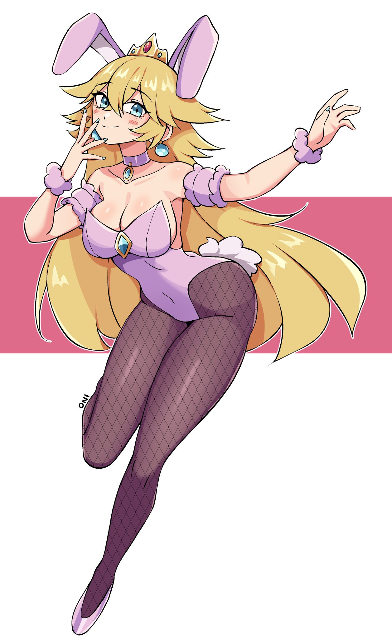 oninuer, princess peach, mario (series), nintendo, commentary, english commentary, highres, 1girl, alternate breast size (larger), alternate costume, animal ears, bare shoulders, black pantyhose, blonde hair, blue eyes, blush, breasts, choker, cleavage, closed mouth, crossed bangs, crown, double-parted bangs, earrings, fake animal ears, fake tail, fishnet pantyhose, fishnets, full body, fur wrist cuffs, hair between eyes, hands up, jewelry, large breasts, leotard, long hair, looking at viewer, pantyhose, pink choker, pink leotard, pink wrist cuffs, playboy bunny, rabbit ears, rabbit tail, smile, solo, strapless, strapless leotard, tail, wrist cuffs