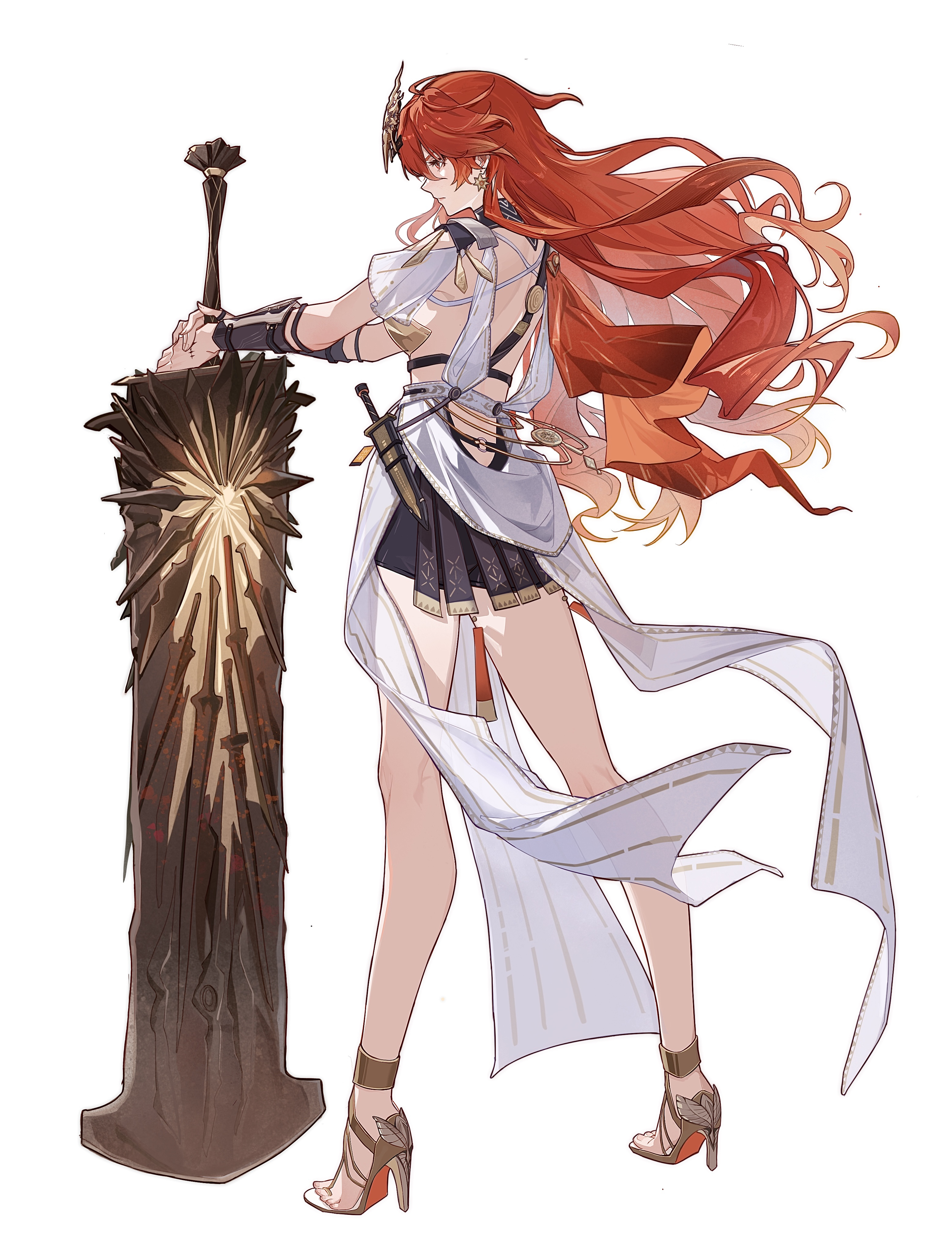 cloudyman, augusta (wuthering waves), wuthering waves, absurdres, highres, official art, procreate (medium), 1girl, ancient greek clothes, brown sandals, closed mouth, earrings, from behind, full body, greatsword, greco-roman clothes, hands on hilt, high heel sandals, jewelry, knife, long hair, orange hair, planted, planted sword, planted weapon, profile, sandals, simple background, solo, standing, sun earrings, sword, tacet mark (wuthering waves), weapon, white background