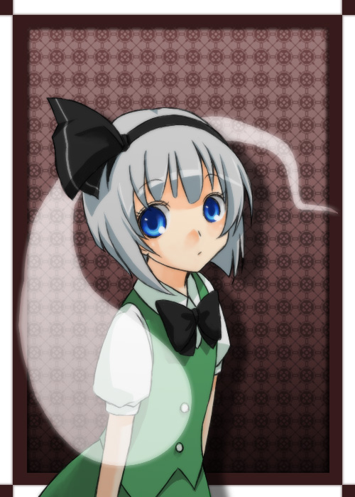 monmon, konpaku youmu, konpaku youmu (ghost), touhou, silver hair, bad id, bad pixiv id, 1girl, blue eyes, female focus, ghost, hairband, hitodama, short hair, solo
