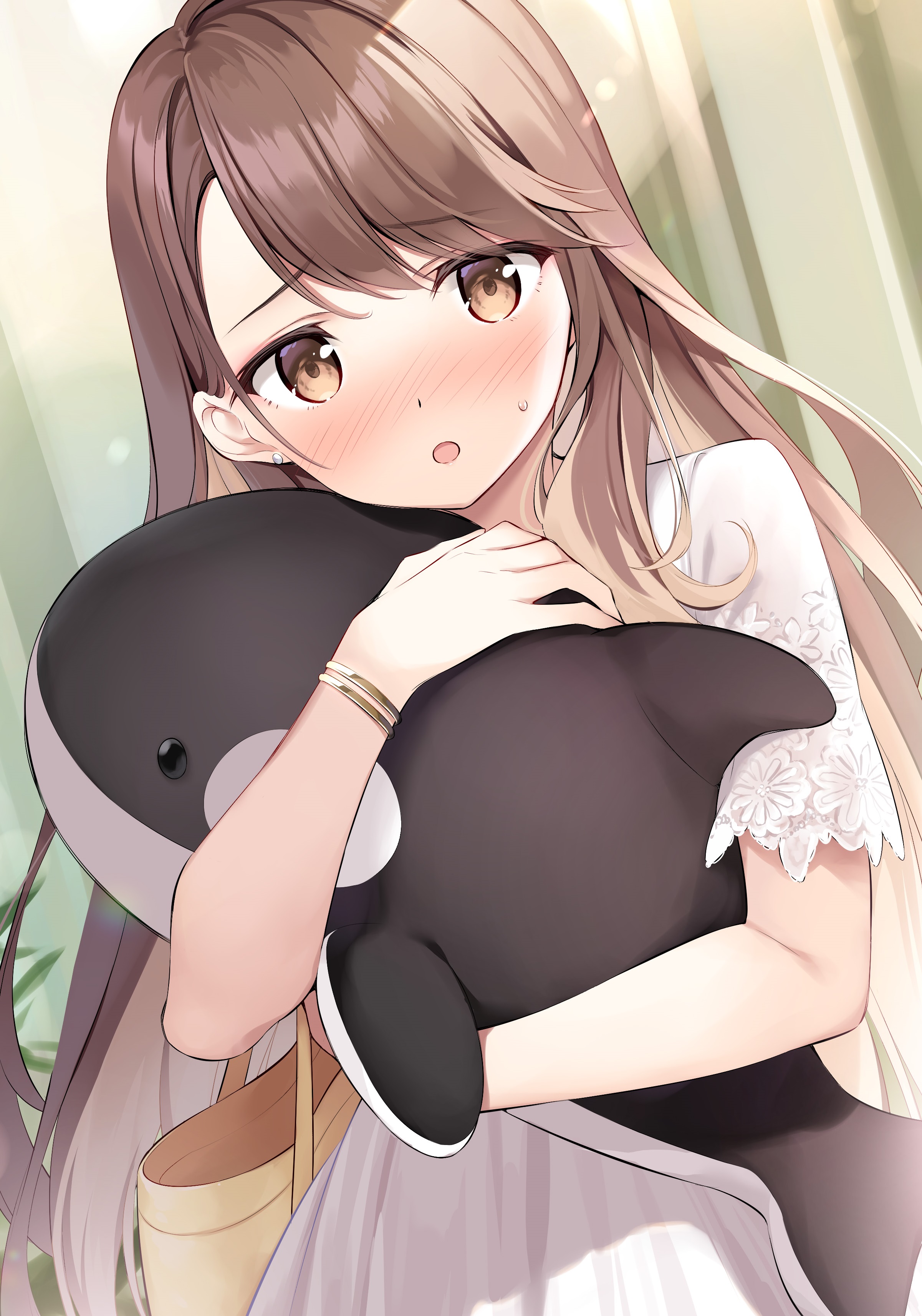 oryo (oryo04), mamiya yurika, ponkotsu kawaii mamiya-san, absurdres, commentary request, highres, official art, second-party source, 1girl, bag, blush, bracelet, brown eyes, brown hair, dress, earrings, holding, holding stuffed toy, indoors, jewelry, long hair, looking at viewer, open mouth, short sleeves, solo, stud earrings, stuffed toy, stuffed whale, white dress