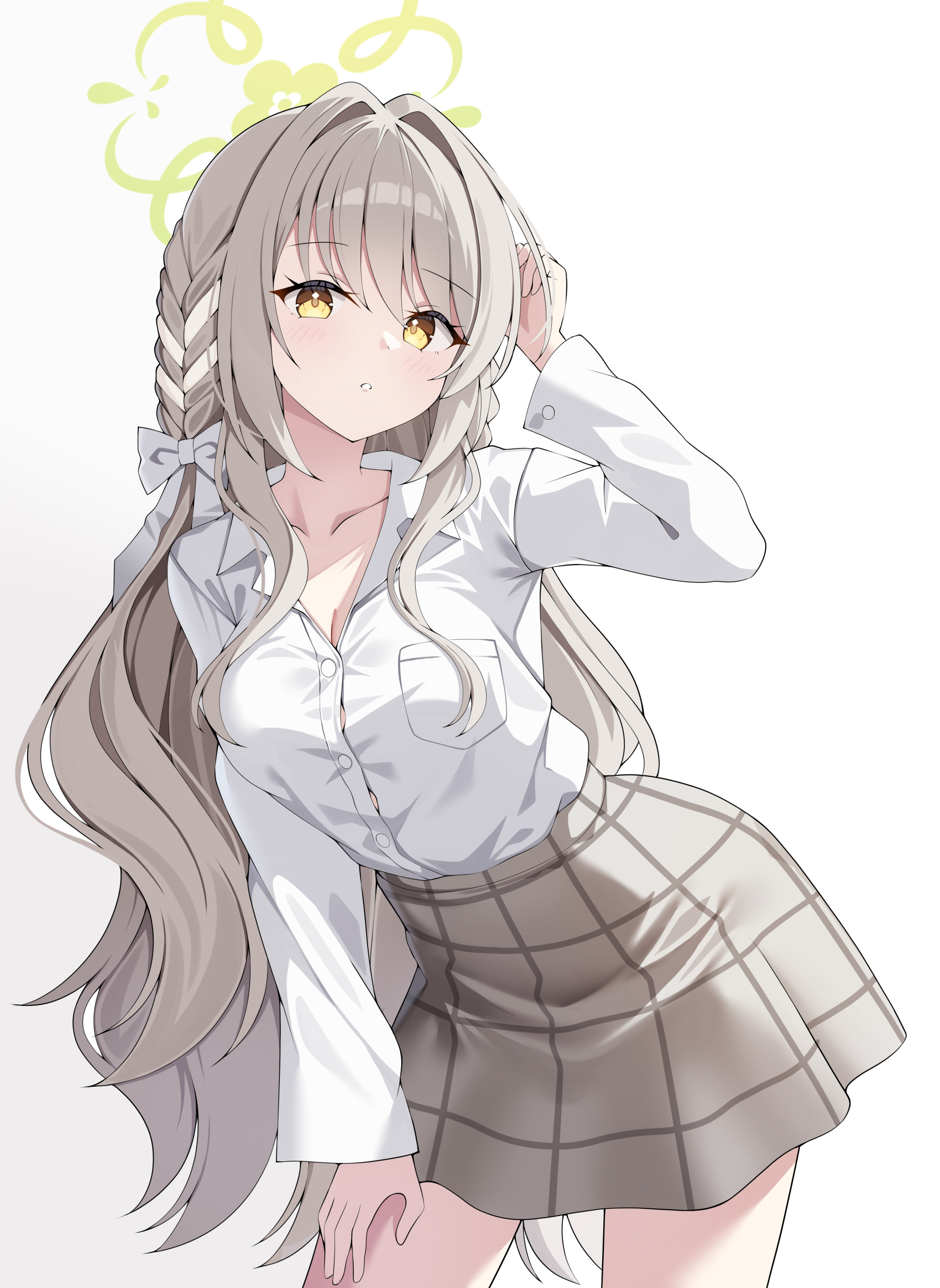 sob (submar1089), miyo (blue archive), blue archive, commentary, highres, 1girl, bow, braid, breast pocket, breasts, buttons, choppy bangs, cleavage, collarbone, collared shirt, contrapposto, green halo, grey hair, grey skirt, hair between eyes, hair bow, hair intakes, hair ribbon, halo, hand on own thigh, hand up, light blush, long hair, long sleeves, looking at viewer, medium breasts, parted lips, pocket, ribbon, ribbon braid, shirt, shirt tucked in, sidelocks, simple background, skirt, solo, standing, thighs, very long hair, wavy hair, white background, white bow, white shirt, yellow eyes