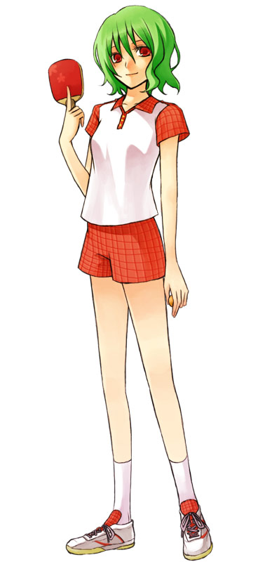 monmon, kazami yuuka, touhou, bad id, bad pixiv id, 1girl, adapted costume, female focus, full body, green hair, light smile, paddle, red eyes, shoes, short hair, shorts, simple background, sneakers, socks, solo, standing, table tennis, table tennis paddle, white background