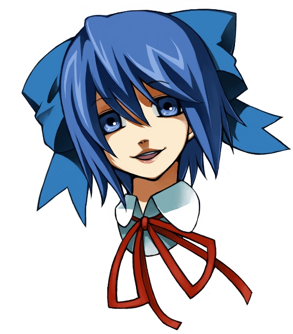 monmon, cirno, embodiment of scarlet devil, touhou, bad id, bad pixiv id, 1girl, blue eyes, blue hair, female focus, head tilt, matching hair/eyes, portrait, ribbon, short hair, simple background, solo, white background
