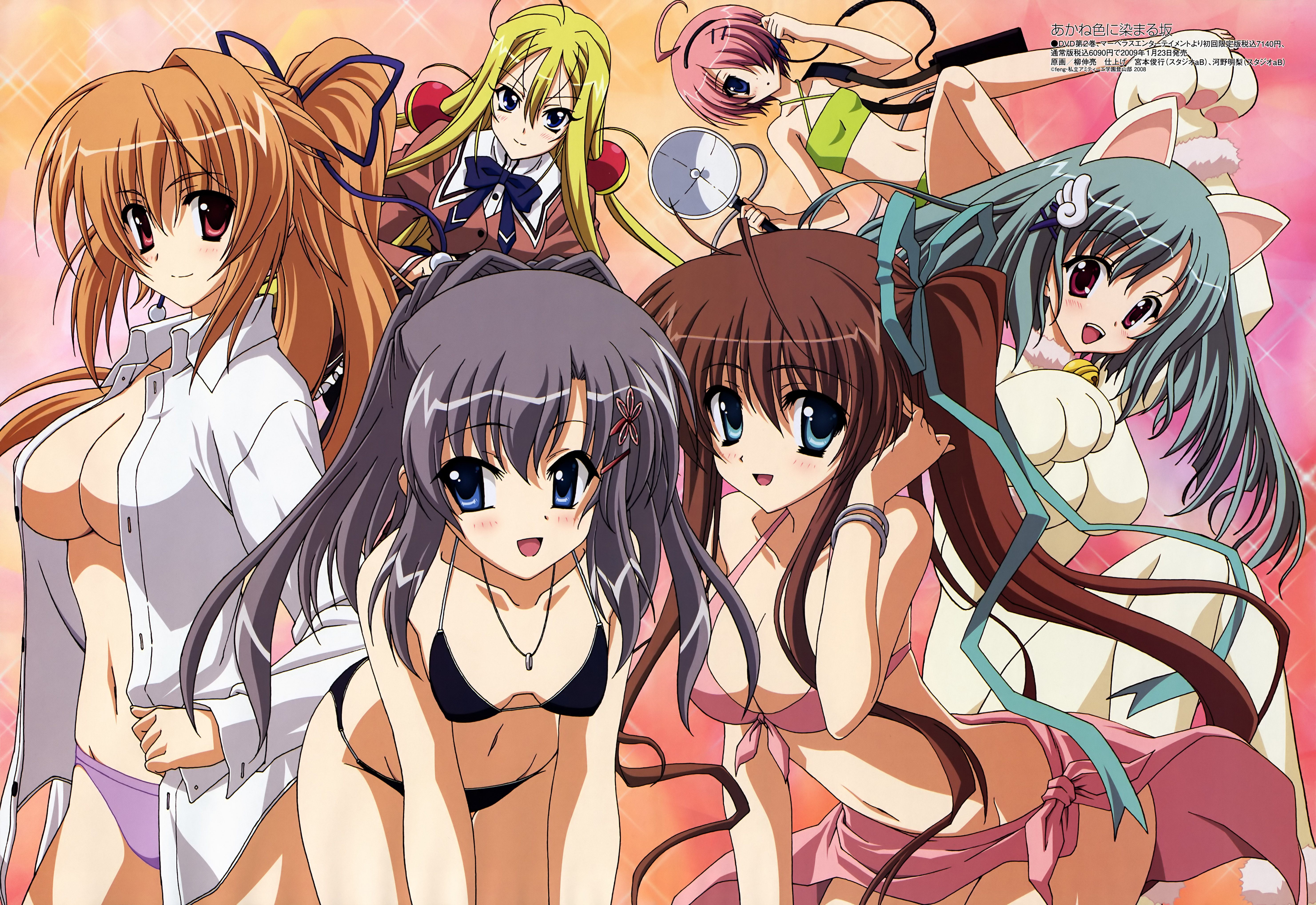 yanagi shinsuke, ayanokouji karen, katagiri yuuhi, kiryuu tsukasa (akane-iro ni somaru saka), nagase minato, shiina mitsuki, shiraishi nagomi, akane-iro ni somaru saka, megami magazine, absurdres, highres, non-web source, 6+girls, adjusting hair, ahoge, animal costume, animal ears, animal hands, aqua eyes, aqua hair, bent over, bikini, blonde hair, blue eyes, blush, bow, breasts, brown hair, cat ears, cat girl, cleavage, everyone, female focus, flat chest, front-tie top, green hair, grey hair, hair intakes, hair ornament, hair over one eye, hair ribbon, hairclip, jewelry, large breasts, long hair, multiple girls, necklace, no bra, open clothes, open shirt, orange hair, panties, paw pose, pink eyes, pink hair, pink sarong, ponytail, purple eyes, purple panties, red eyes, ribbon, sarong, school uniform, shirt, short hair, side ponytail, smile, swimsuit, underwear, very long hair
