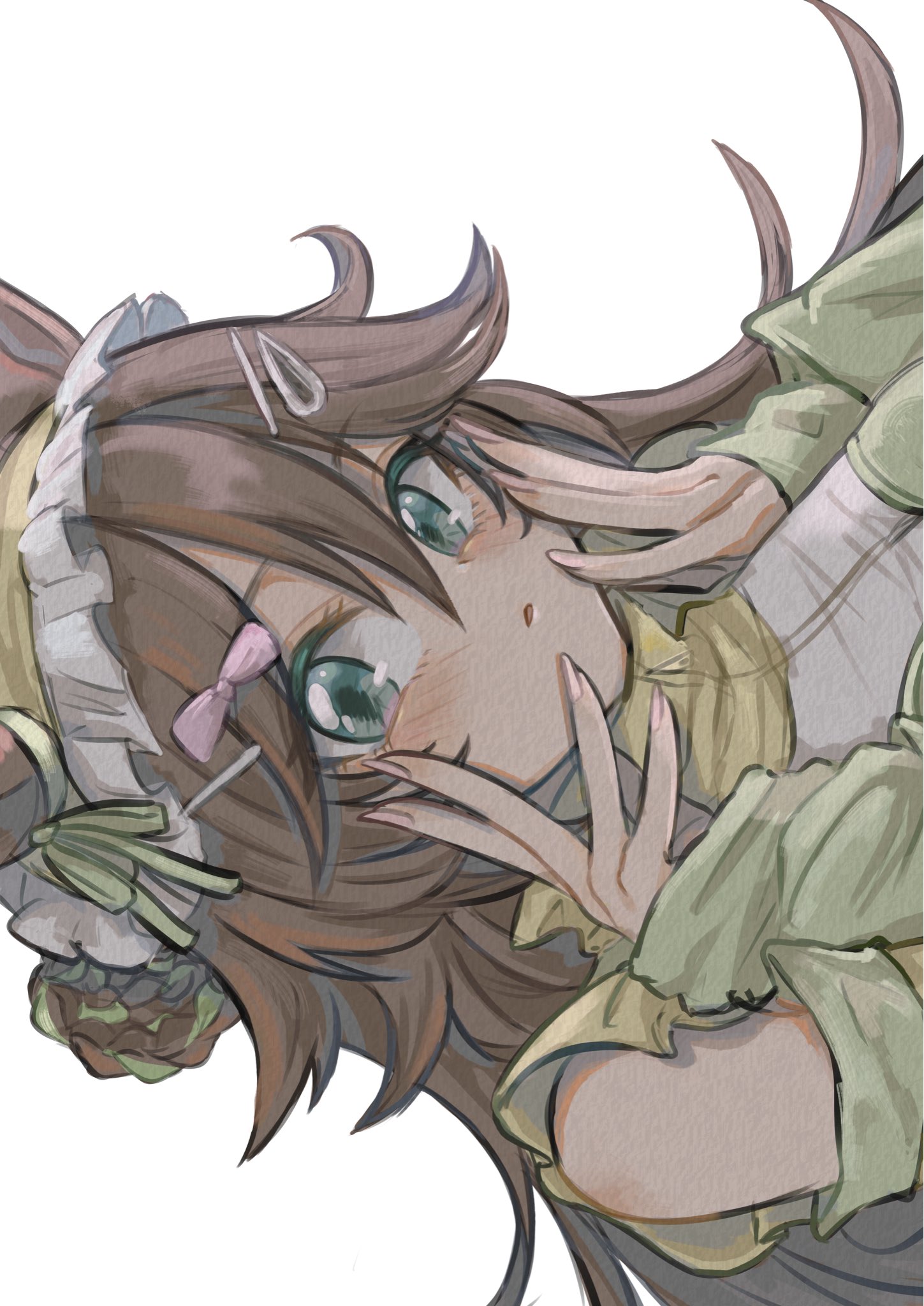 obaa-chan (golden retriever), mr. c.b. (umamusume), umamusume, highres, 1girl, alternate costume, animal ears, blue eyes, blush, brown hair, detached sleeves, green jacket, green sleeves, hair between eyes, hair bun, hair ornament, hairclip, hands on own cheeks, hands on own face, horse ears, horse girl, jacket, jersey maid, long hair, looking at viewer, maid, maid headdress, parted lips, simple background, sleeveless, sleeveless jacket, track jacket, unconventional maid, upper body, white background, yellow headdress