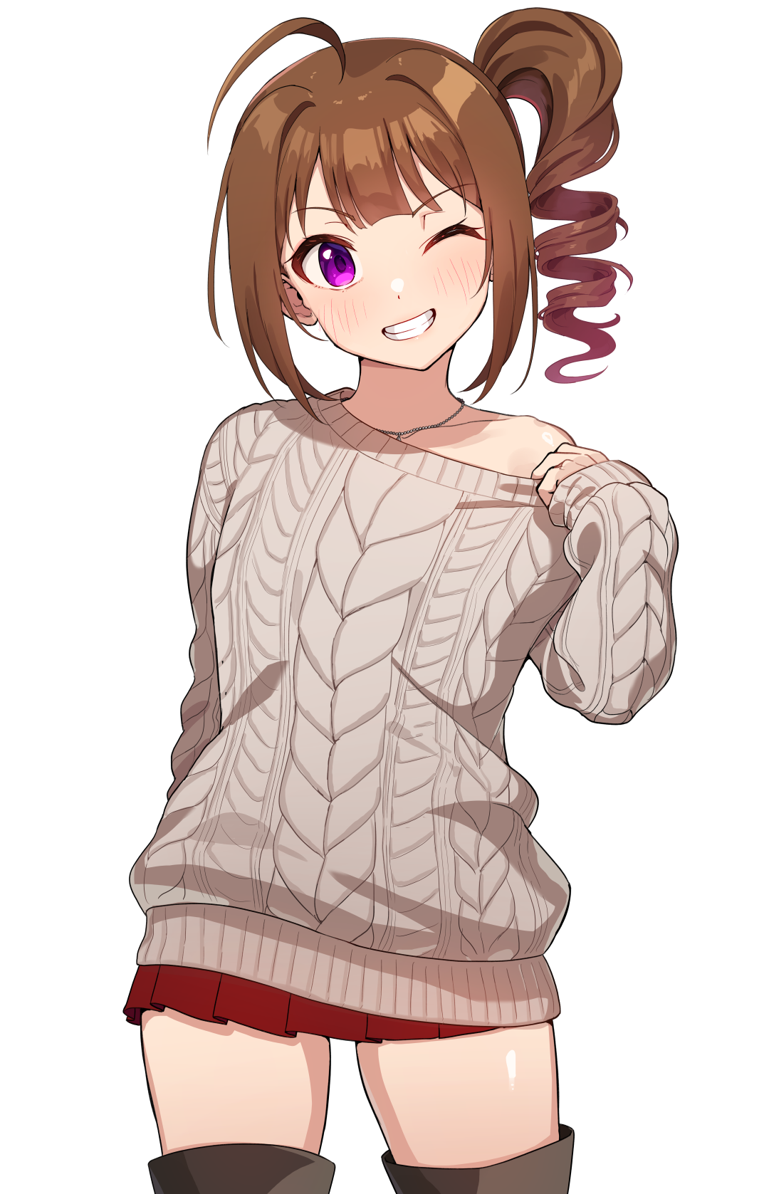 kamille (vcx68), yokoyama nao, idolmaster, idolmaster million live!, highres, ahoge, blush, boots, brown hair, clenched teeth, collarbone, long hair, looking at viewer, one eye closed, open mouth, purple eyes, side ponytail, single bare shoulder, sweater, teeth, thigh boots, thighhighs, white background, zettai ryouiki