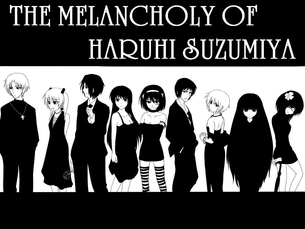 fujiwara ryo (wsise47), asahina mikuru, fujiwara (suzumiya haruhi), koizumi itsuki, kyon, nagato yuki, sasaki, sasaki (suzumiya haruhi), suou kuyou, suzumiya haruhi, tachibana kyouko (suzumiya haruhi), suzumiya haruhi no yuuutsu, 00s, 3boys, 6+girls, alternate costume, fujiwara (shny), goth fashion, greyscale, high contrast, lineup, long hair, monochrome, multiple boys, multiple girls, thighhighs, very long hair