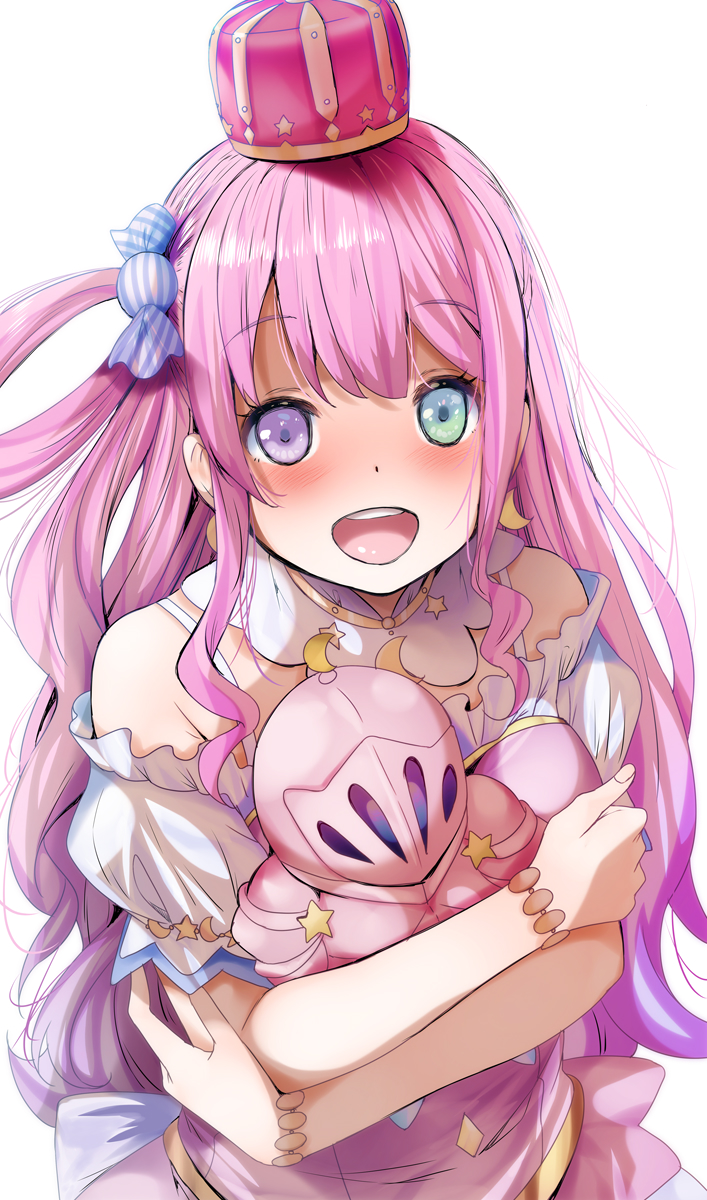 fumihiko (fu mihi ko), himemori luna, himemori luna (1st costume), luknight (himemori luna), hololive, highres, 1girl, bare shoulders, blush, bracelet, breasts, candy hair ornament, collar, crescent, crescent earrings, crescent necklace, crossed arms, crown, detached collar, dress, earrings, fingernails, food-themed hair ornament, green eyes, hair ornament, hair rings, heterochromia, jewelry, long hair, looking at viewer, necklace, off-shoulder dress, off shoulder, open mouth, pink crown, pink dress, pink eyes, pink hair, pink nails, simple background, single hair ring, smile, solo, star (symbol), star print, teeth, upper teeth only, virtual youtuber, white background, white collar