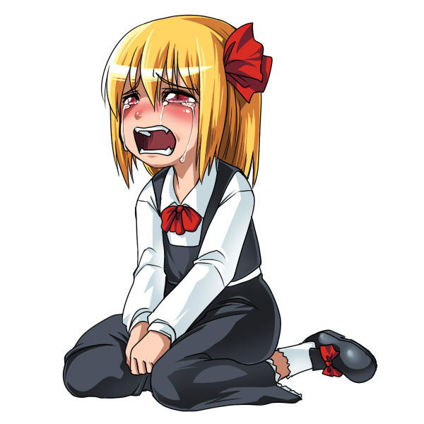 04bou, rumia, embodiment of scarlet devil, touhou, 1girl, blonde hair, blush, crying, crying with eyes open, fangs, female focus, hair ribbon, red eyes, ribbon, sad, sitting, sobbing, solo, tears