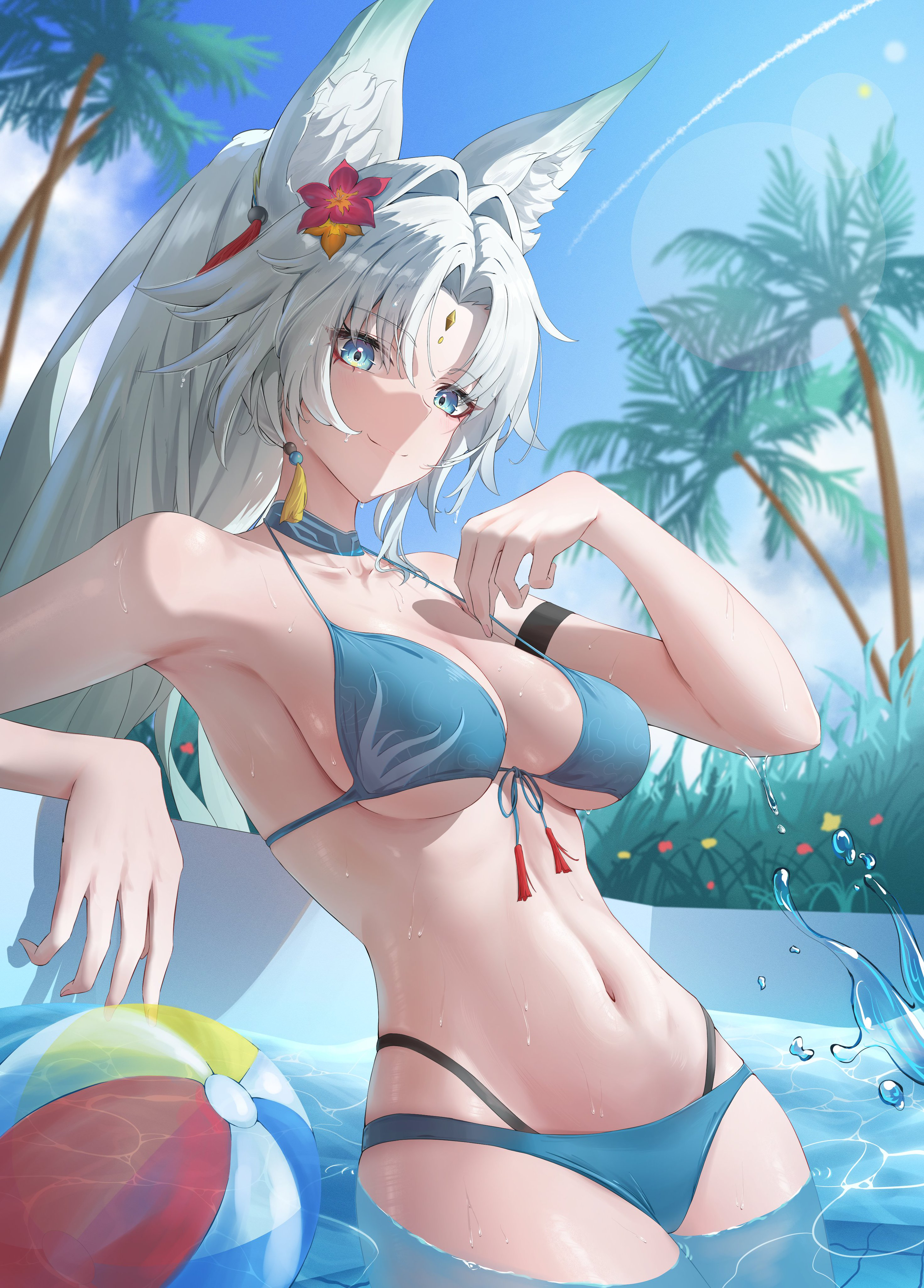 feixiao (honkai: star rail), honkai: star rail, honkai (series), absurdres, commentary request, highres, 1girl, alternate costume, animal ear fluff, animal ears, arm strap, ball, beachball, bikini, blue bikini, blue collar, blue eyes, breasts, collar, eyeliner, flower, fox ears, fox girl, front-tie bikini top, front-tie top, hair flower, hair intakes, hair ornament, large breasts, light blush, long hair, looking at viewer, makeup, multi-strapped bikini bottom, navel, outdoors, palm tree, ponytail, pool, red eyeliner, smile, solo, solomon 0616, stomach, swimsuit, tree, wading, water, wet, white hair