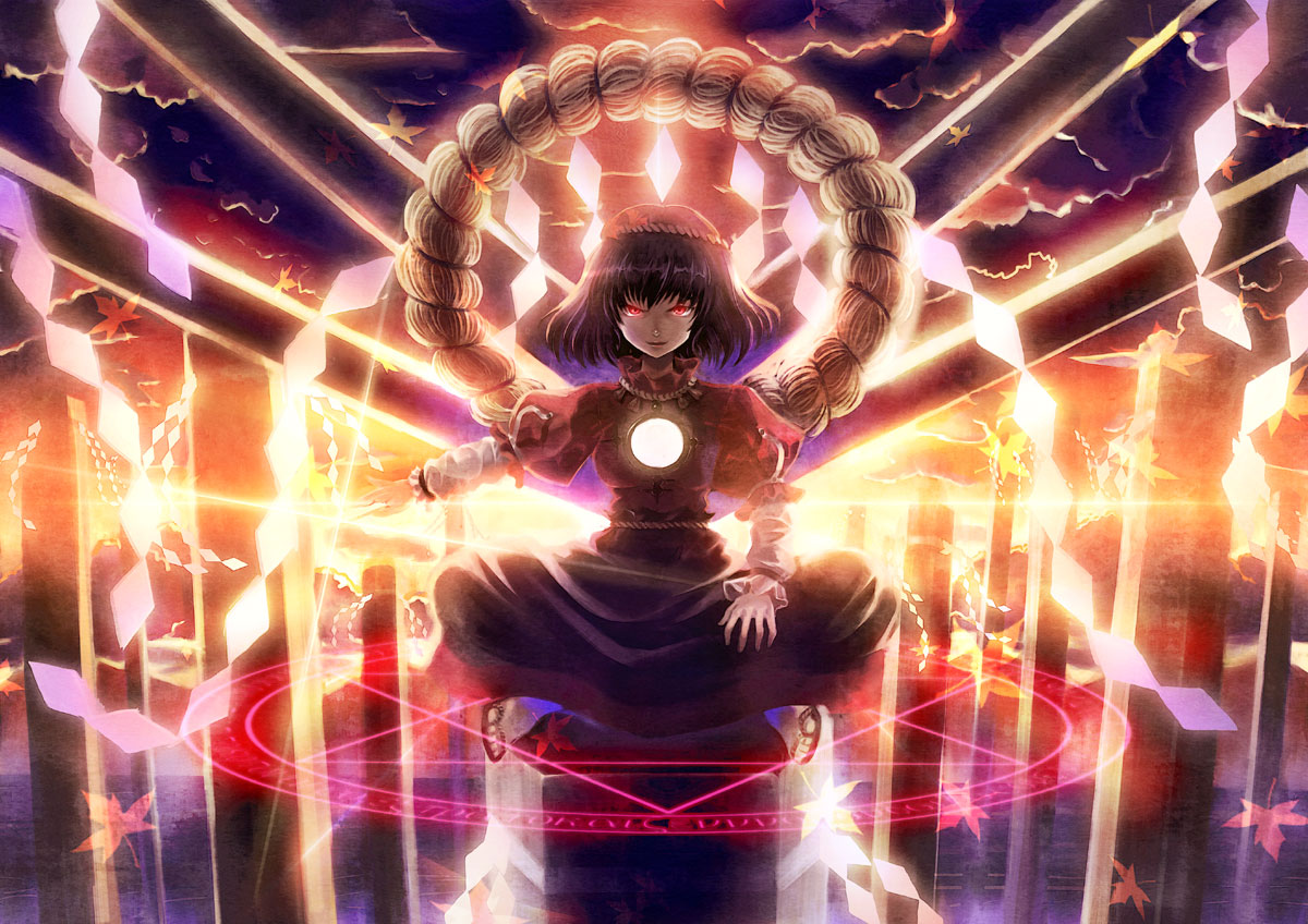 hyuuga azuri, yasaka kanako, touhou, >:d, 1girl, :d, backlighting, female focus, glowing, glowing eyes, hexagram, indian style, leaf, magic circle, maple leaf, onbashira, open mouth, outstretched arm, purple hair, red eyes, rope, sandals, shide, shimenawa, short hair, sitting, smile, solo, sun, sunset, v-shaped eyebrows