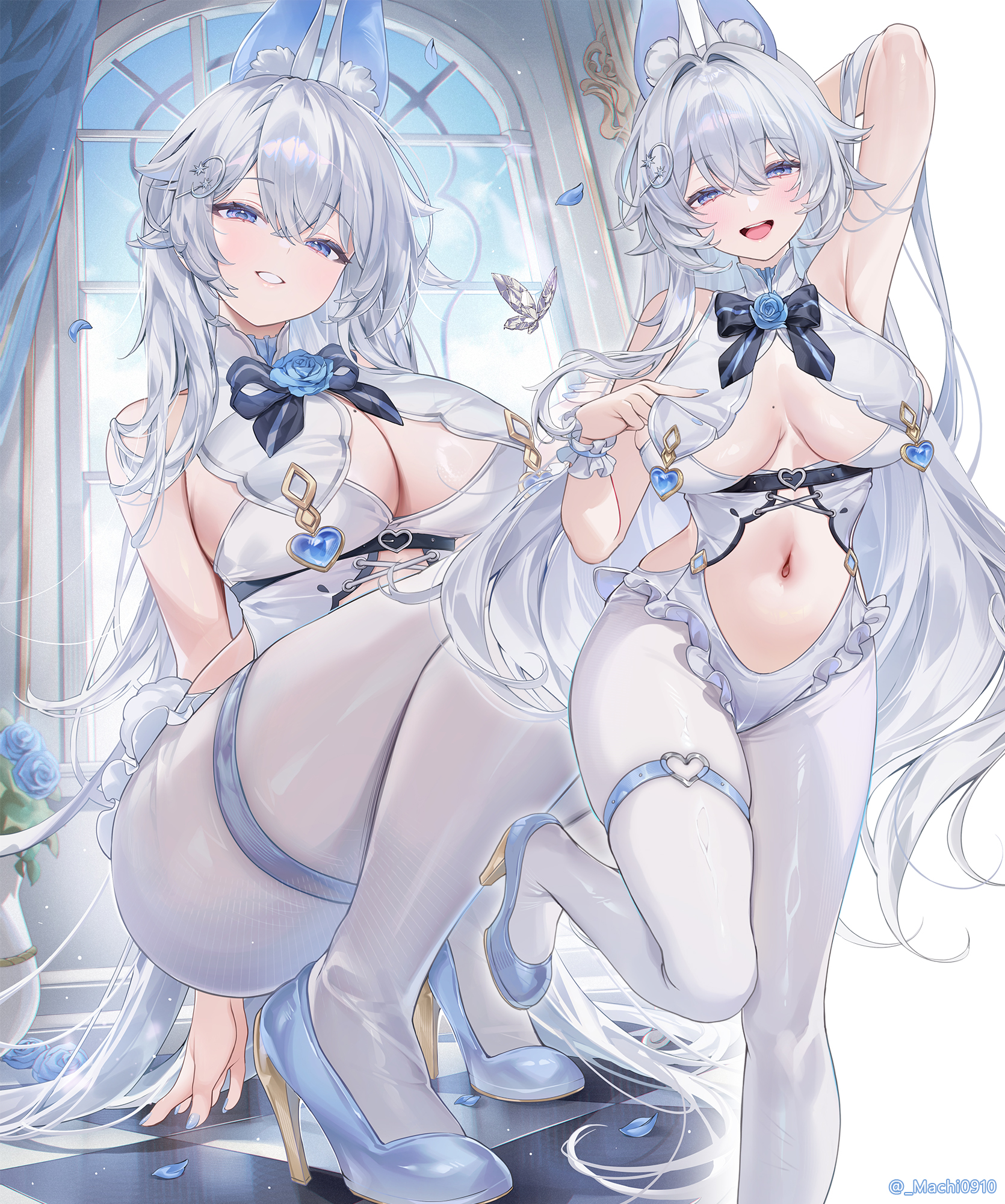 machi (machi0910), machi (machi0910) (person), original, commentary request, highres, paid reward available, 1girl, :q, animal ear fluff, animal ears, arm behind head, arm up, bare shoulders, black bow, black bowtie, blue eyes, blue flower, blue nails, blue petals, blue rose, blue shoes, bow, bowtie, breast curtains, breasts, breasts apart, bug, butterfly, center opening, checkered floor, cleavage, collar, cowboy shot, fingernails, flower, frilled wrist cuffs, frills, hair between eyes, hair intakes, hair ornament, half-closed eyes, high heels, indoors, insect, kemonomimi mode, large breasts, light blush, long fingernails, long hair, looking at viewer, mole, mole on breast, multiple views, nail polish, navel, open mouth, pantyhose, parted lips, rabbit ears, rabbit girl, rose, shoes, simple background, smile, squatting, stomach, thigh strap, tongue, tongue out, twitter username, very long hair, white background, white butterfly, white collar, white hair, white pantyhose, white wrist cuffs, wrist cuffs