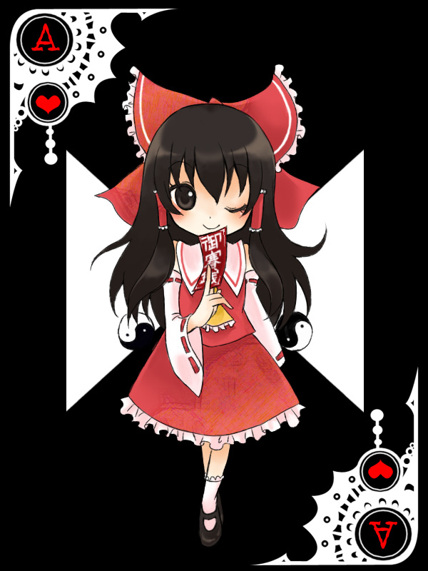 monmon, hakurei reimu, touhou, 1girl, ace (playing card), ace of hearts, brown eyes, brown hair, card, card (medium), detached sleeves, female focus, hair tubes, heart, japanese clothes, miko, one eye closed, playing card, solo, wink, yin yang