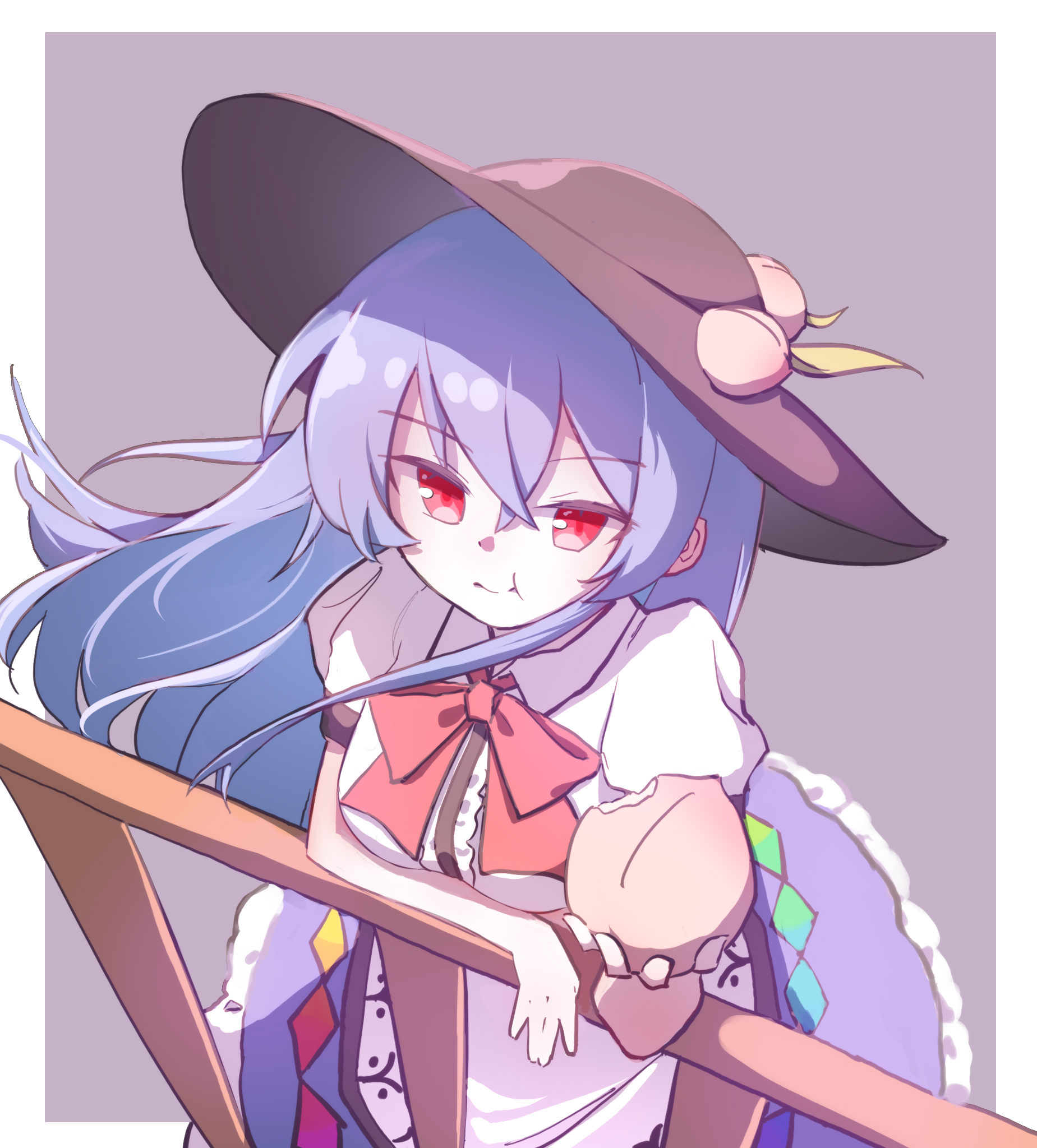 hinanawi tenshi, touhou, highres, 1girl, apron, bite mark, black hat, blue hair, blue skirt, border, bow, bowtie, breasts, center frills, chewing, collar, collared shirt, dot nose, eating, food, forestrylam, frilled skirt, frills, handrail, hat, hat ornament, holding, holding food, incoming gift, leaf hat ornament, long hair, long skirt, looking at viewer, medium breasts, peach hat ornament, puffy short sleeves, puffy sleeves, purple background, rainbow gradient rope, red bow, red bowtie, red eyes, shirt, short sleeves, skirt, solo, waist apron, white apron, white border, white shirt