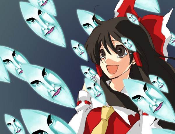 monmon, hakurei reimu, touhou, 1girl, brown eyes, brown hair, danmaku, detached sleeves, female focus, gradient background, japanese clothes, miko, solo, tears, upper body, what