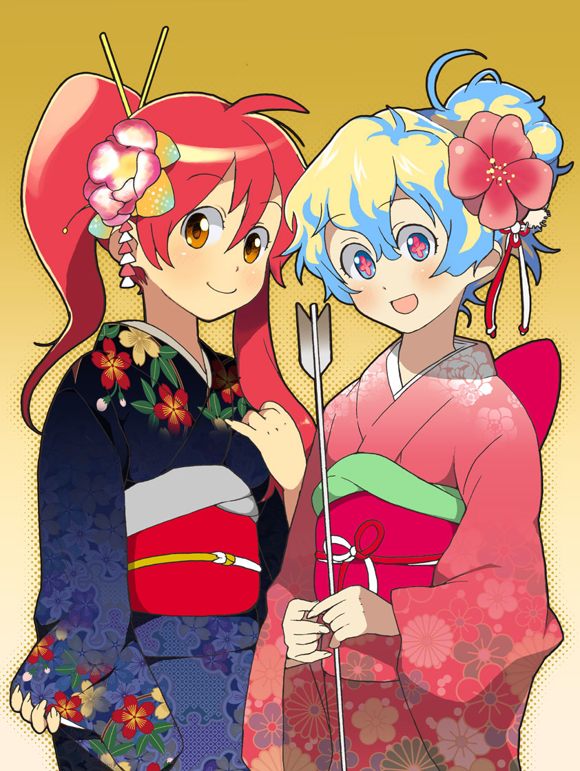 saitou yahu, nia teppelin, yoko littner, tengen toppa gurren lagann, bad id, bad pixiv id, 00s, arrow (projectile), blue eyes, flower, hair flower, hair ornament, japanese clothes, kimono, long hair, orange eyes, red hair, smile