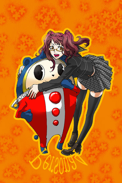 mz, kujikawa rise, kuma (persona 4), atlus, persona, persona 4, glasses, houndstooth, hug, pink hair, school uniform, skirt, smile, thighhighs, twintails